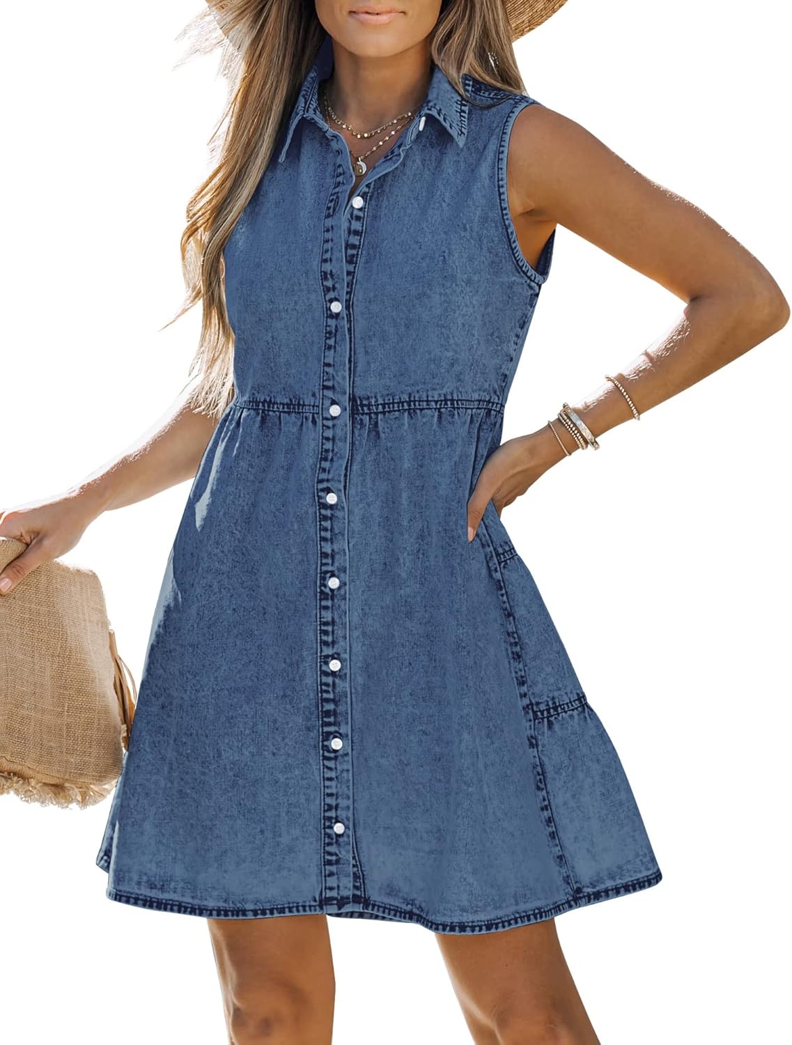 LookbookStore Denim Dress for Women Sleeveless Babydoll Button Down Short Jean Dresses Cute Summer Outfits