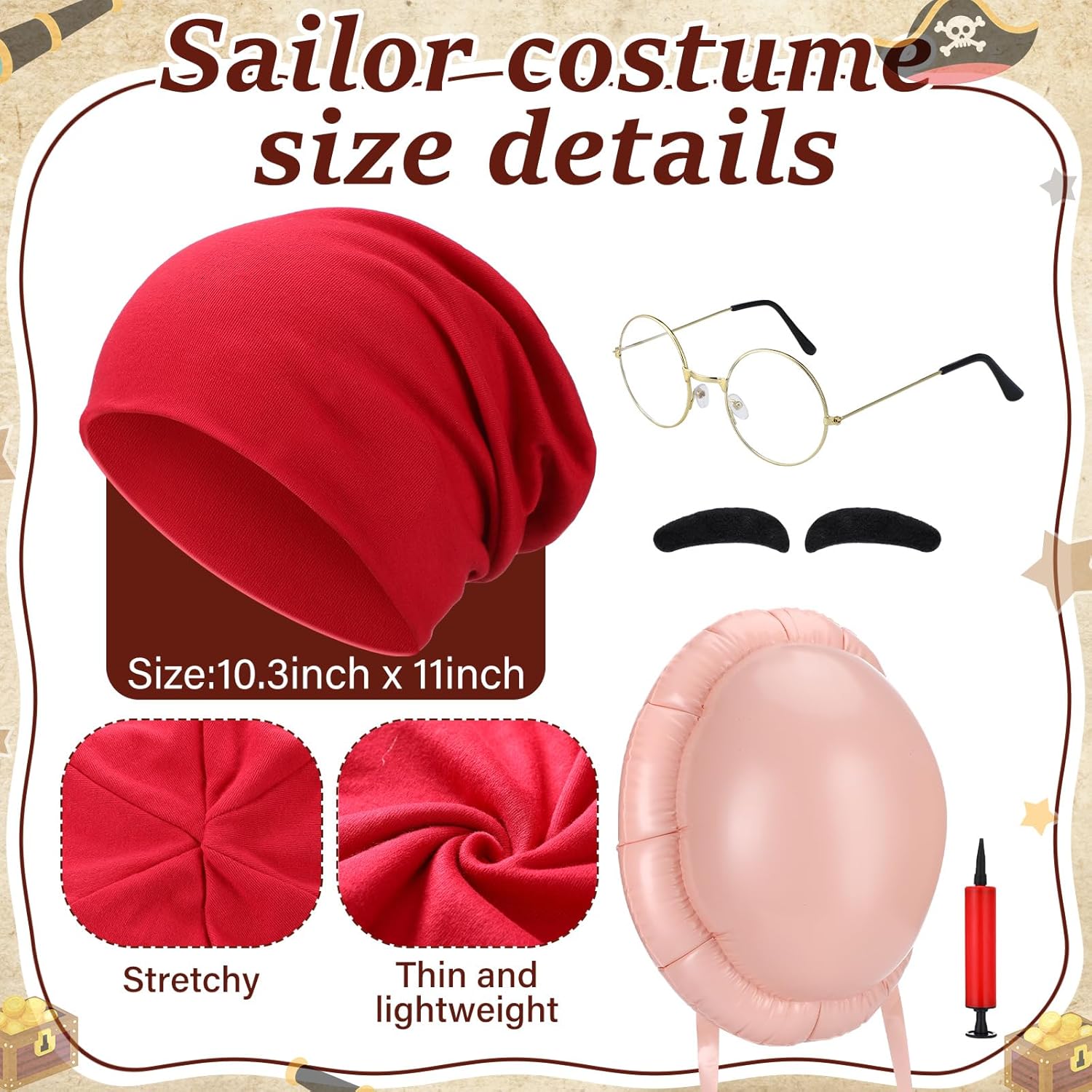 13 Pcs Halloween Pirate Captains Boatswain Couple Costume Accessories Set, Include Hook Wig Mustache Feather Hat Eye Patch Fake Belly Beanie Hat Glasses Eyebrow Mustache for Men Women Cosplay - Image 7