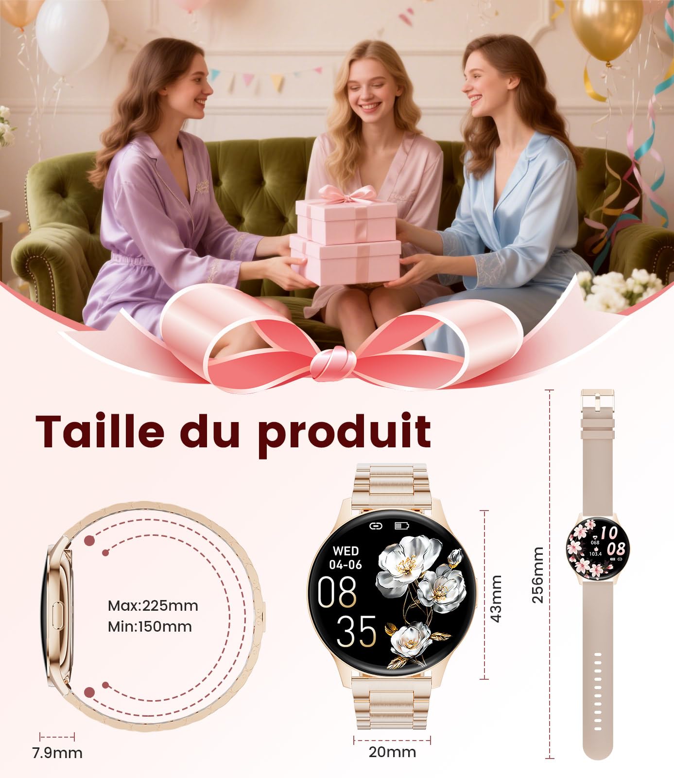 Montre Connectée Femme,1,43" AMOLED Montre Sport,Smartwatch avec Bracelet en métal premium/120+ Modes Sportifs/Fréquence Cardiaque/Compteur,Montre Femme pour iOS et Android,Doré