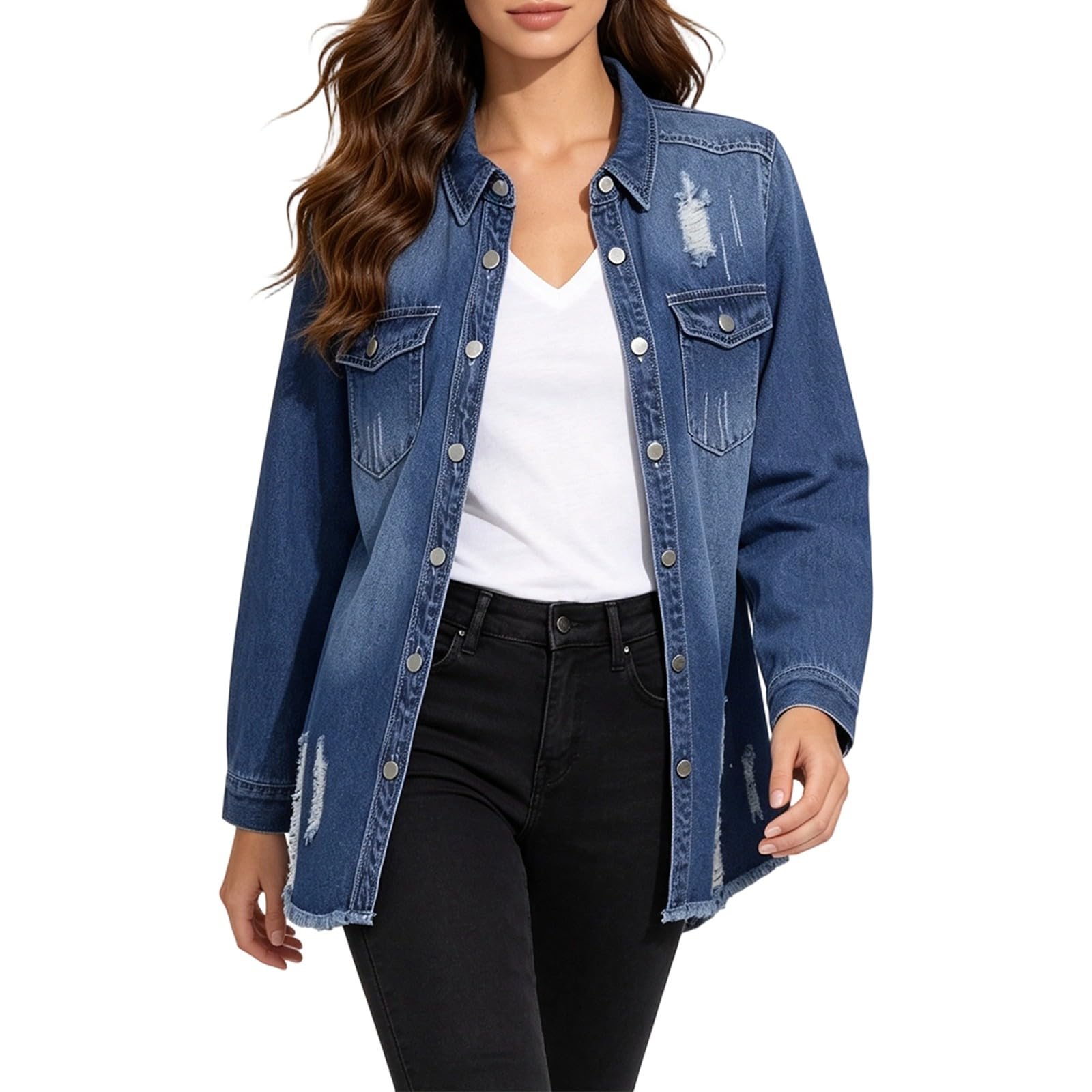 Damen lange, gewaschene Jeansjacke als lässiger, offener Langarmmantel, klassischer Denim-Look für Alltag und kühle Sommerabende