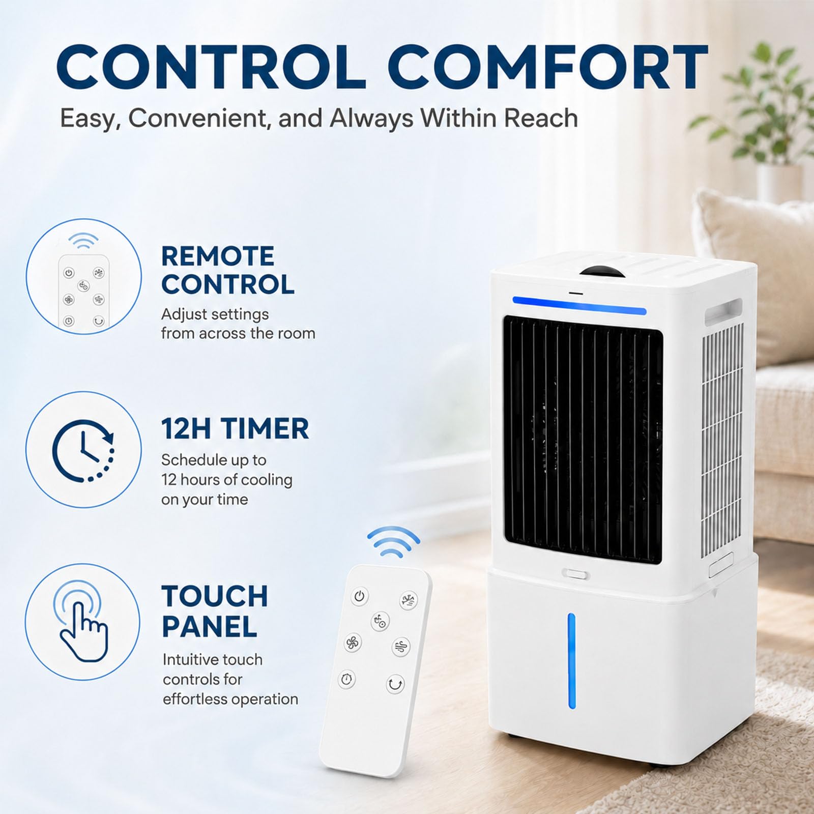 Raffrescatore Evaporativo 25L Lunga Durata, Ventilatore ad Acqua con Telecomando, Climatizzatore Portatile ad Aria Fredda con Timer 12 Ore, per Grandi Stanze, Sale Riunioni, Loft e Saloni