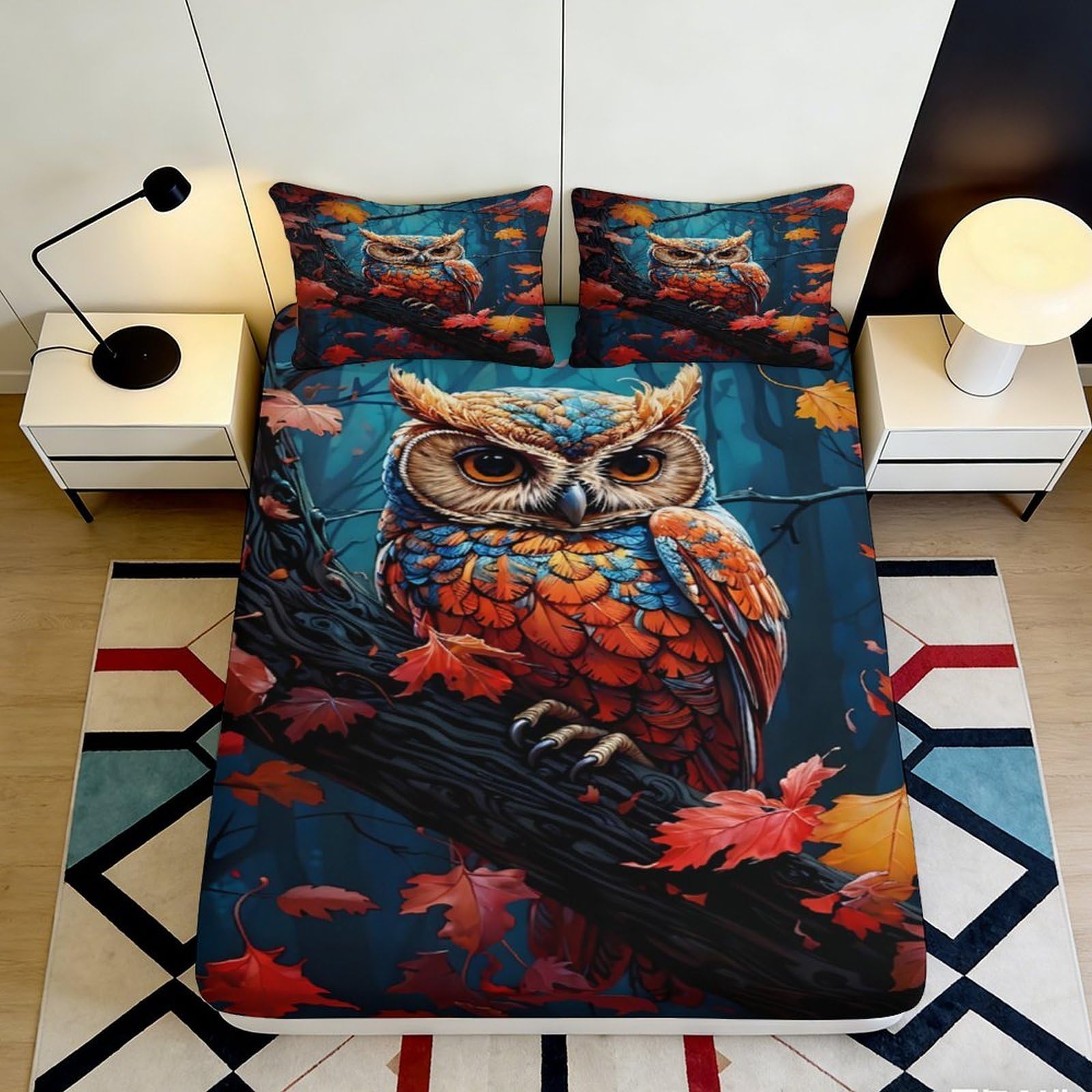 3D Printed Autumn Owl Fitted Sheet Microfiber Anti-Slip Forest Leaves Mattress Cover for Bedroom Guestroom Dorm Decor 180x200x25cm