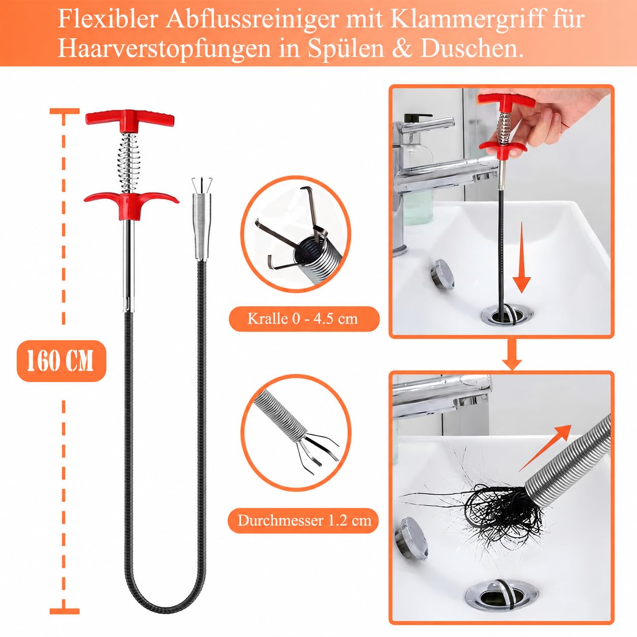 Rohrreinigungsspirale Abflussschlange Verstopfungsentferner Werkzeug – Abflussreiniger Spirale für Kanalisation, Küche, Bad, Dusche, Verstopfte Abflüsse, Öffner, Rohrreiniger 10M