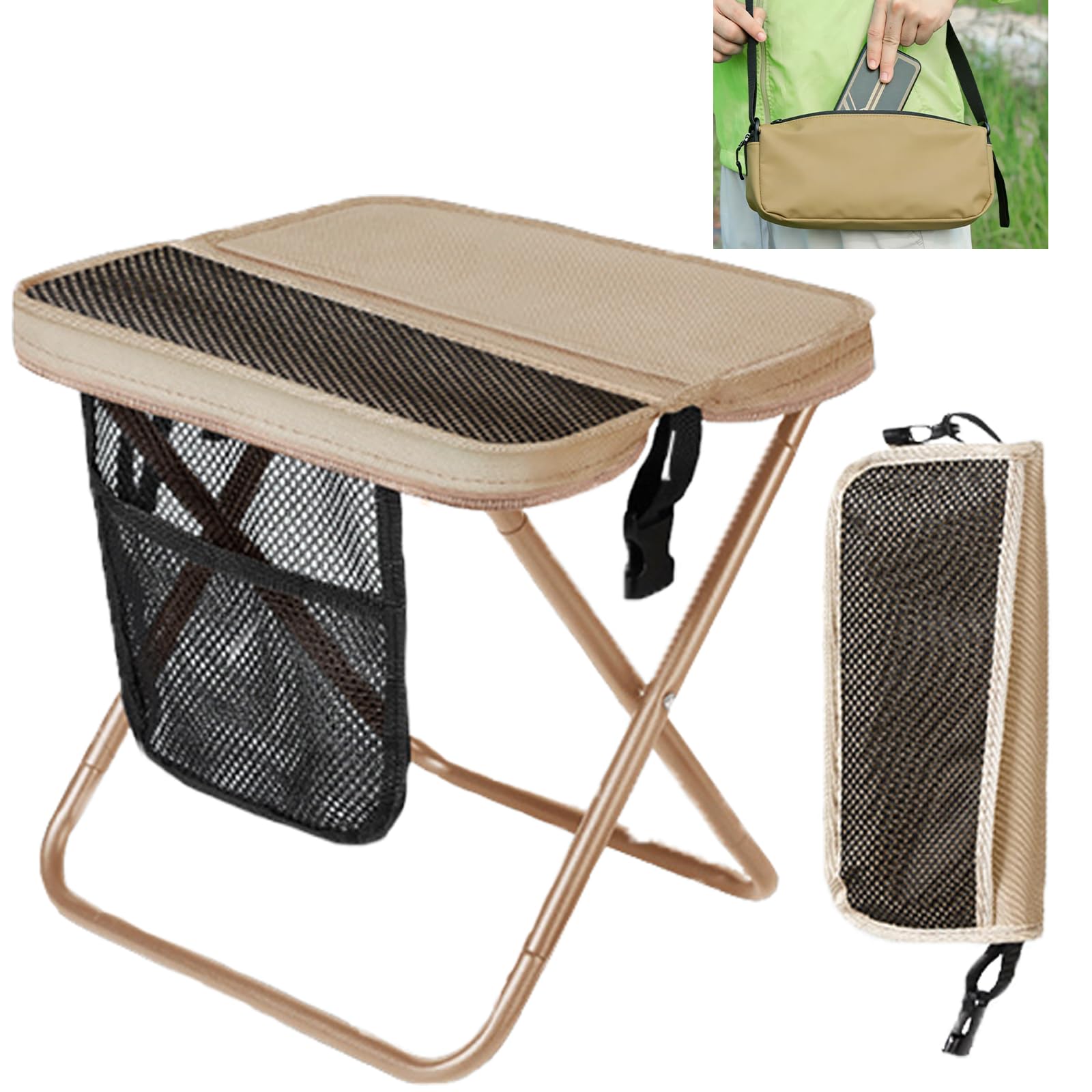 Taburete Plegable Portátil, Banqueta Plegable Camping, Asiento Compacto y Ligero – se Pliega en Bolso – Ideal para Playa, Colas, Jardín, Hogar, Excursiones (Beige)