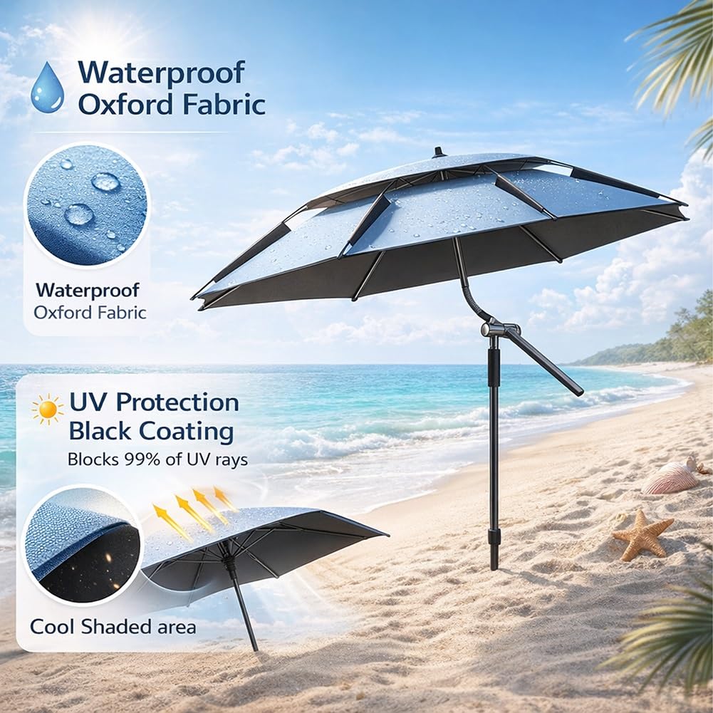 Generico Ombrellone da Spiaggia con Protezione UPF 50+, Parasole Spiaggia Inclinabile con Ancoraggio a Sabbia, Ombrellone da Esterno Antivento per Giardino All'aperto Balcone 2/2.4/2.60m(Ciano,2.40m)