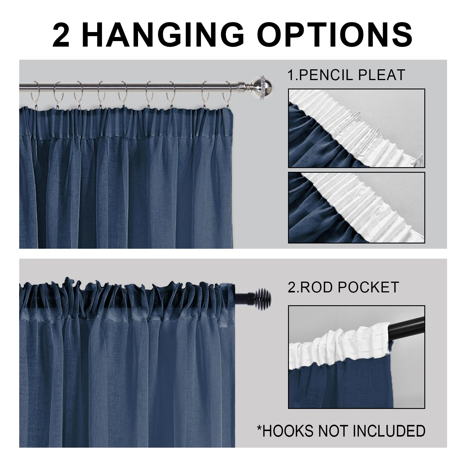 DWCN Navy Blue Voile Curtain Pencil Pleat with Tie Backs Rod Pocket Curtain Sheer for Door 2 Panels, Blue, W55 x L96 Inch - Image 2