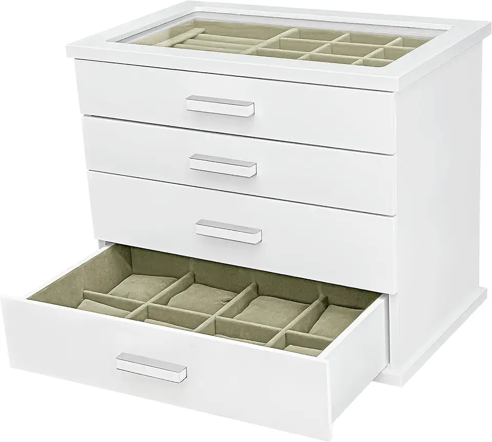 Reluz Art Gaveteiro Porta Joias Jullie Forrado em Veludo com 4 Gavetas (Branco/Bege)