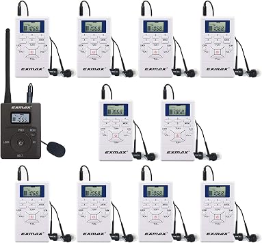 EXMAX E108 DSP Stereo Wireless Headsets FM Radio Broadcast System for Tour Guide Teaching Meeting Training Travel Field Interpretation 1 Transmitter & 10 Receivers White