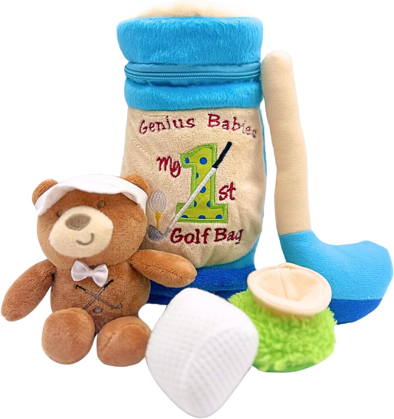 Genius Baby Toys - 9" Golf Bag, Includes Teddy Bear, Blue Bag Embroidered with 'My 1st Golf Bag', Lightweight, Perfect Size for Small Hands, Unique, Safe for Your Golf