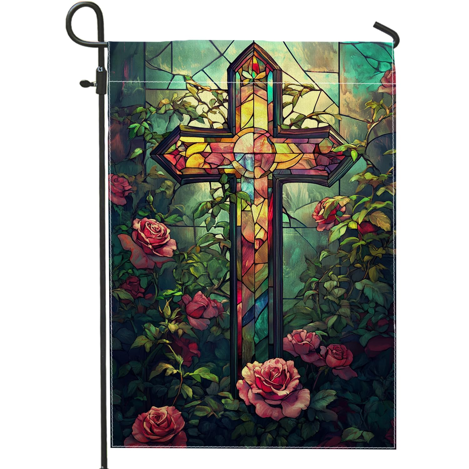Stained Glass Cross Garden Flag, Colorful Floral Roses Outdoor Decor, Spring Summer Christian Yard Flag, Double Sided Religious Lawn Decoration 12x18 Inch