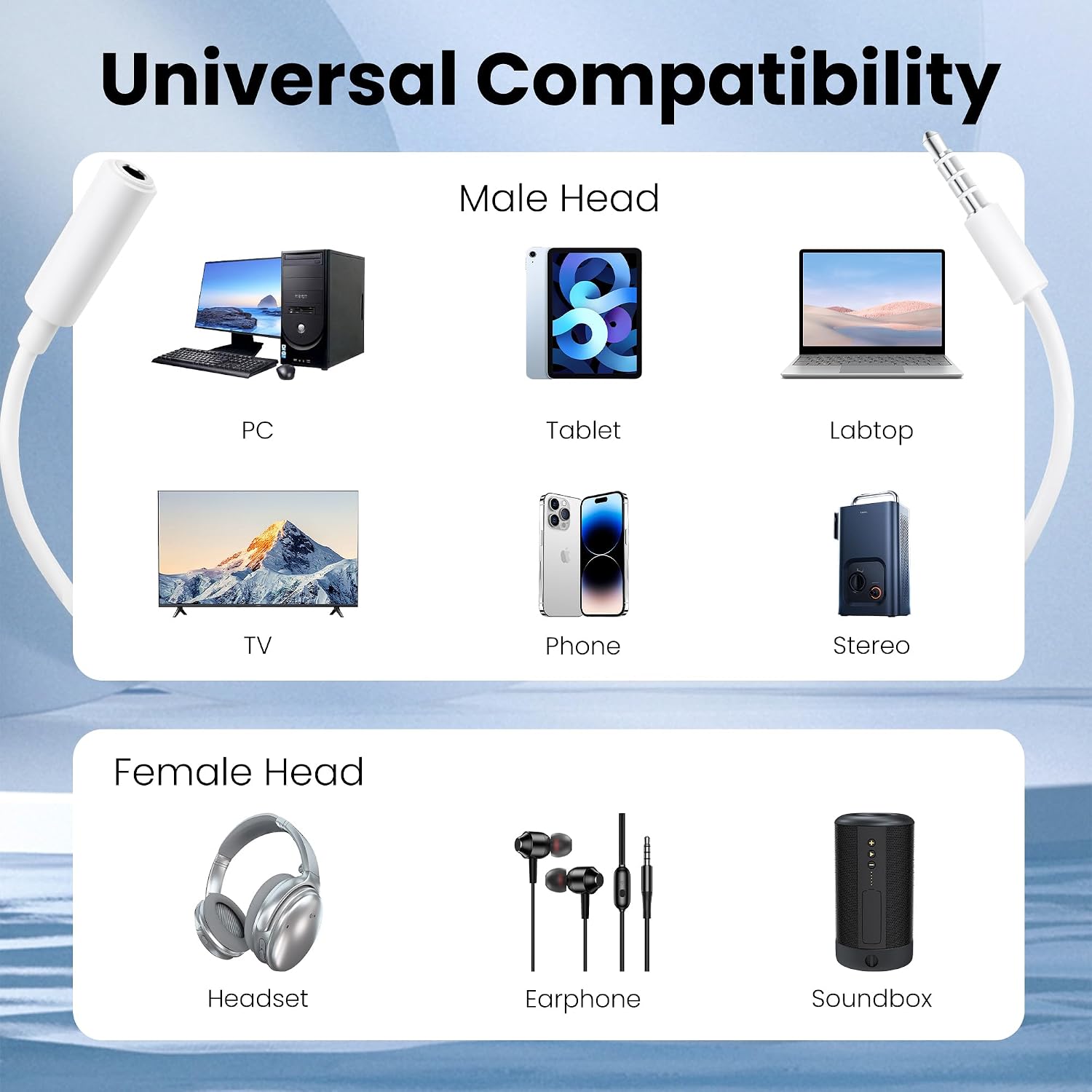 Conwork 2-Pack 3.5mm 4-Pole Male to Female Auxiliary Extension Audio Stereo Cable Cord for Headphones Apple iPad, iPhone, iPod, Samsung Galaxy, Android, MP3 Players -White (3.3 Feet)