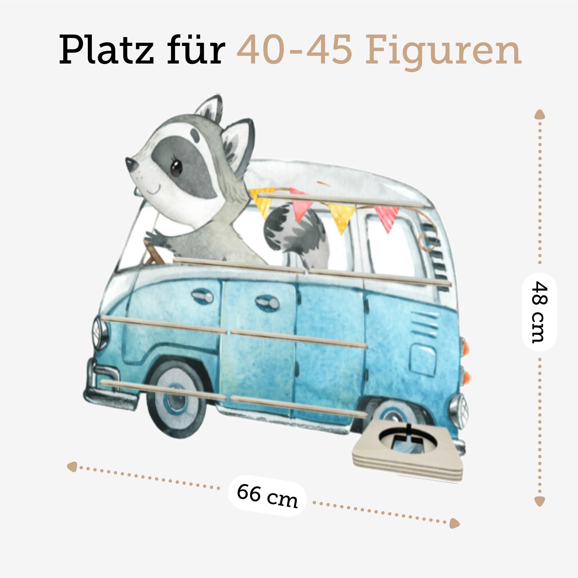 Farbklecks-Collection Musikboxregal Auto Freunde Waschbär Bus, Wandregal für bis zu 45 Hörfiguren, Maße 48 x 66 x 6 cm, mit Ablagefach kompatibel mit Toniebox, handgefertigt in Deutschland