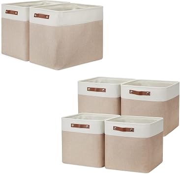 DULLEMELO Collapsible Bundle Baskets 2 Large Baskets 17"x12"x15" + 4 Cube Baskets 13"x13"x13"White&Khaki