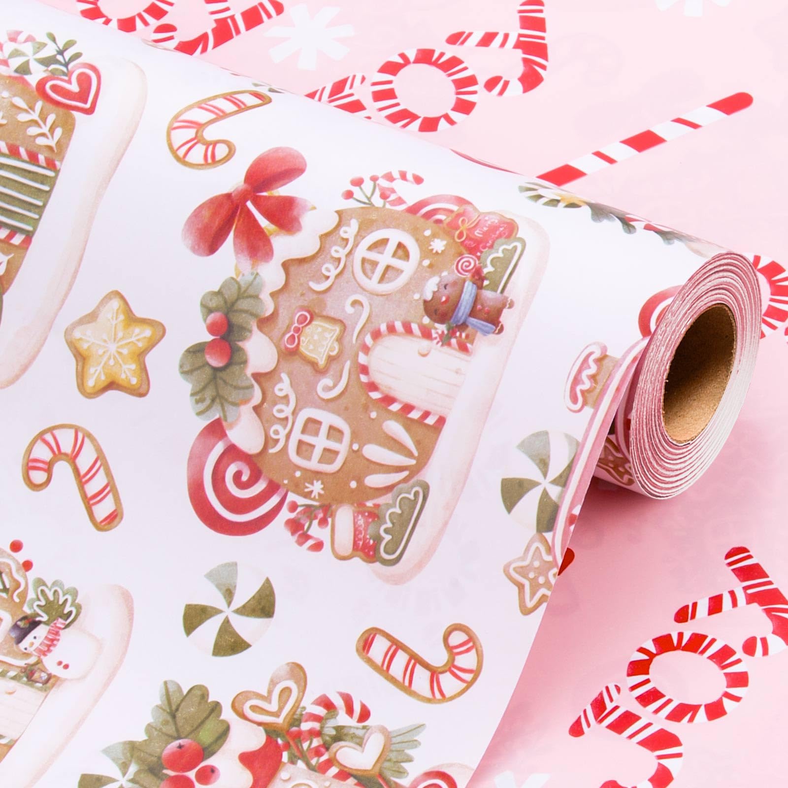 Wikadlik Gingerbread House Christmas Wrapping Paper - 43cm x 10m Mini Roll Cute Building and Candy Cane Pattern Girly Pink Gift Wrap Paper for Holiday Festive Celebration DIY Craft โ image 1