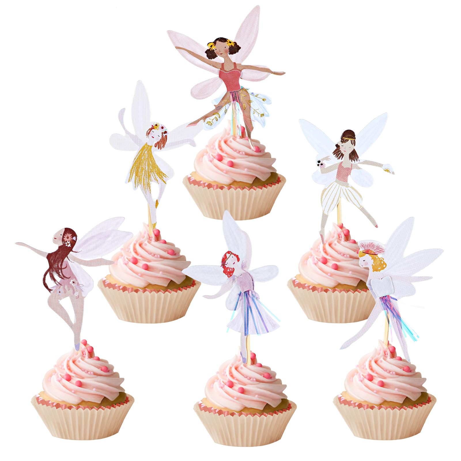GEEHUA 24 Pcs Fairy Cupcake Toppers, Fairy Cake Topper Fairy Birthday Party Cake Decorations Wing Angel Fairy Birthday Decorations Ballet Dancer Fairy Cake Decor for Girls' Birthday Party Wedding
