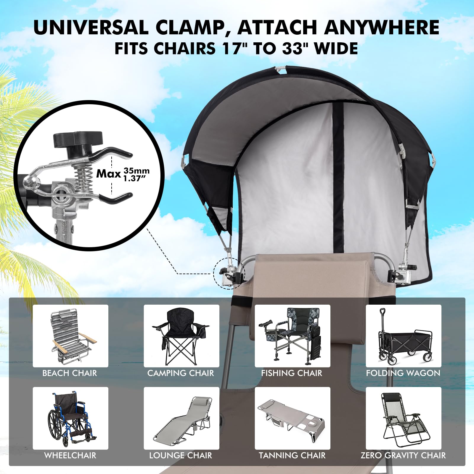 Universal Umbrella - UPF 50+ Sun Shade, Adjustable Clamp Clip, Beach, Wagon, Zero Gravity, Sports & Lawn Chair (Patent Design)