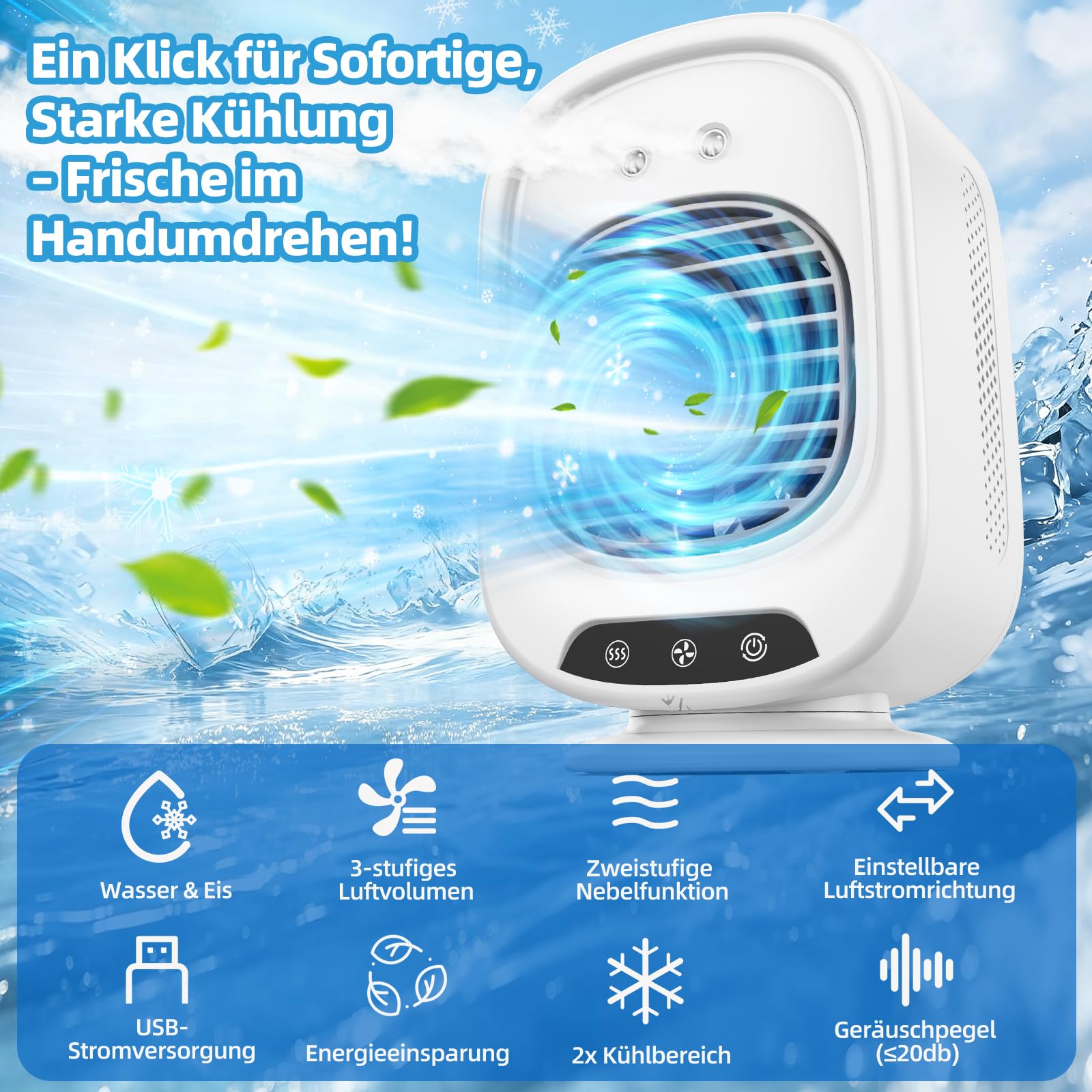 Mobile Klimaanlage, Mini Luftkühler mit 300mL Wassertank, 3 Geschwindigkeiten, 2 Sprühmodus, Mobil Klimagerät USB, Klimaanlage mobil für Büro, Schlafzimmer, Camping (Weiß)