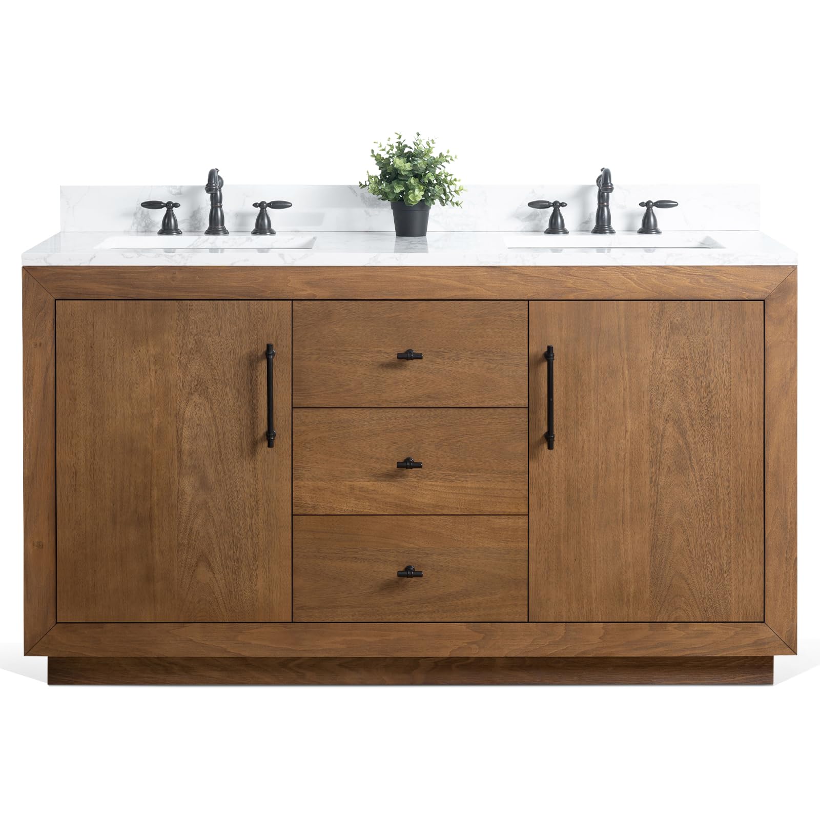 HOMEBEYOND 60" Bathroom Vanity with Double Sink & Ceramic Top, MDF Material Vanity Cabinet with Basin Combo, Soft-Closing Doors, Removable Shelf,