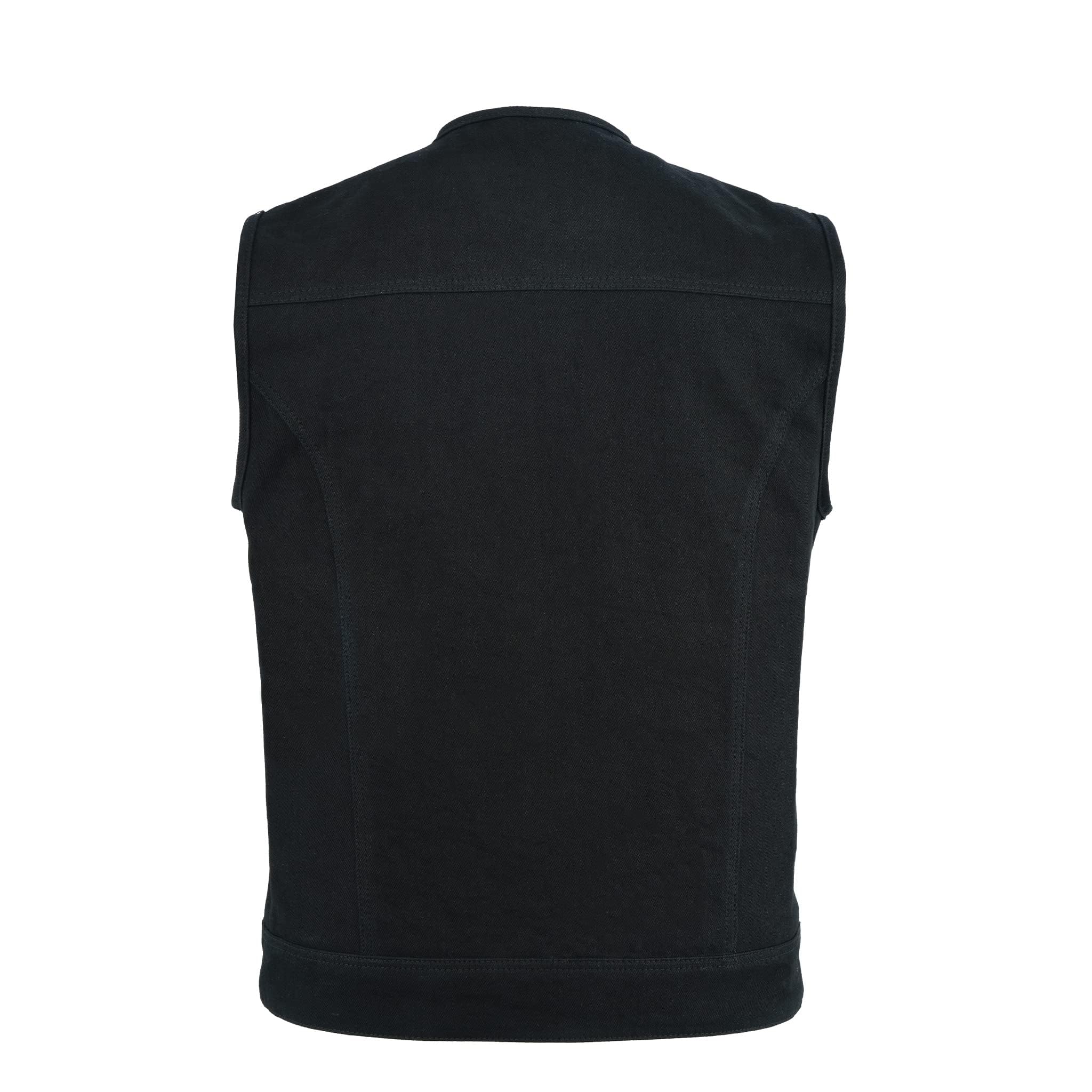 Leatherick SOA stile, Gilet da motociclista senza colletto in denim pesante con finiture in pelle da uomo con tasche profonde