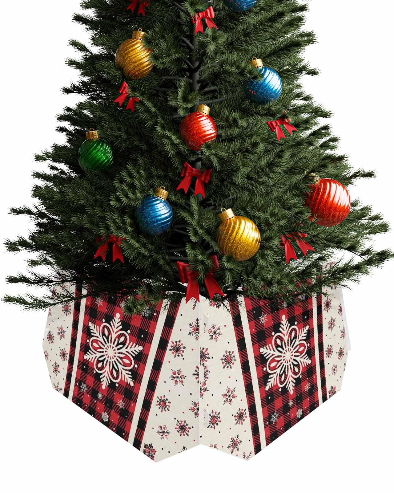 Xmas Snowflake Christmas Tree Collar 4PCS 14.5" x 10" Black and Red Buffalo Plaid Xmas Tree Base Cover Geometric Stripe Art Christmas Tree Ring for