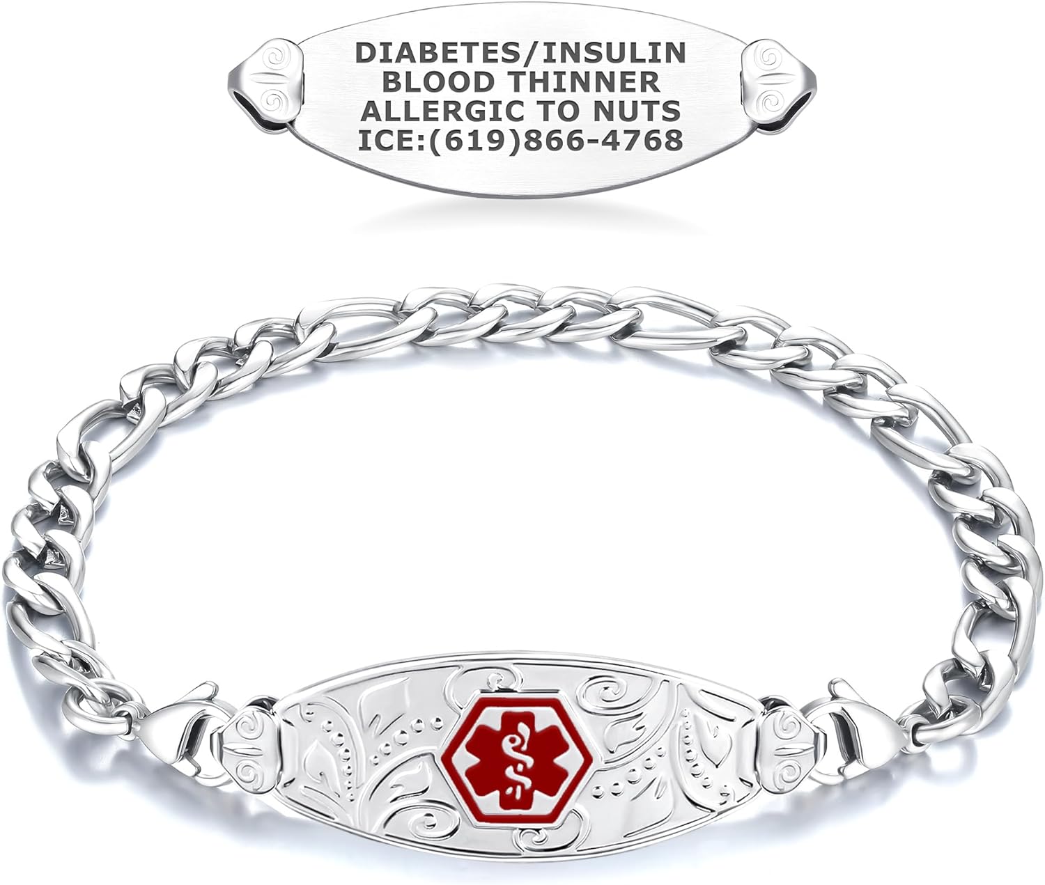 Divoti Custom Engraved Medical Alert Bracelets for Women | Filigree Medical ID Bracelet with Red Caduceus | 4-Line Personalized Emergency ID |Figaro Link Chain with Lobster Claw