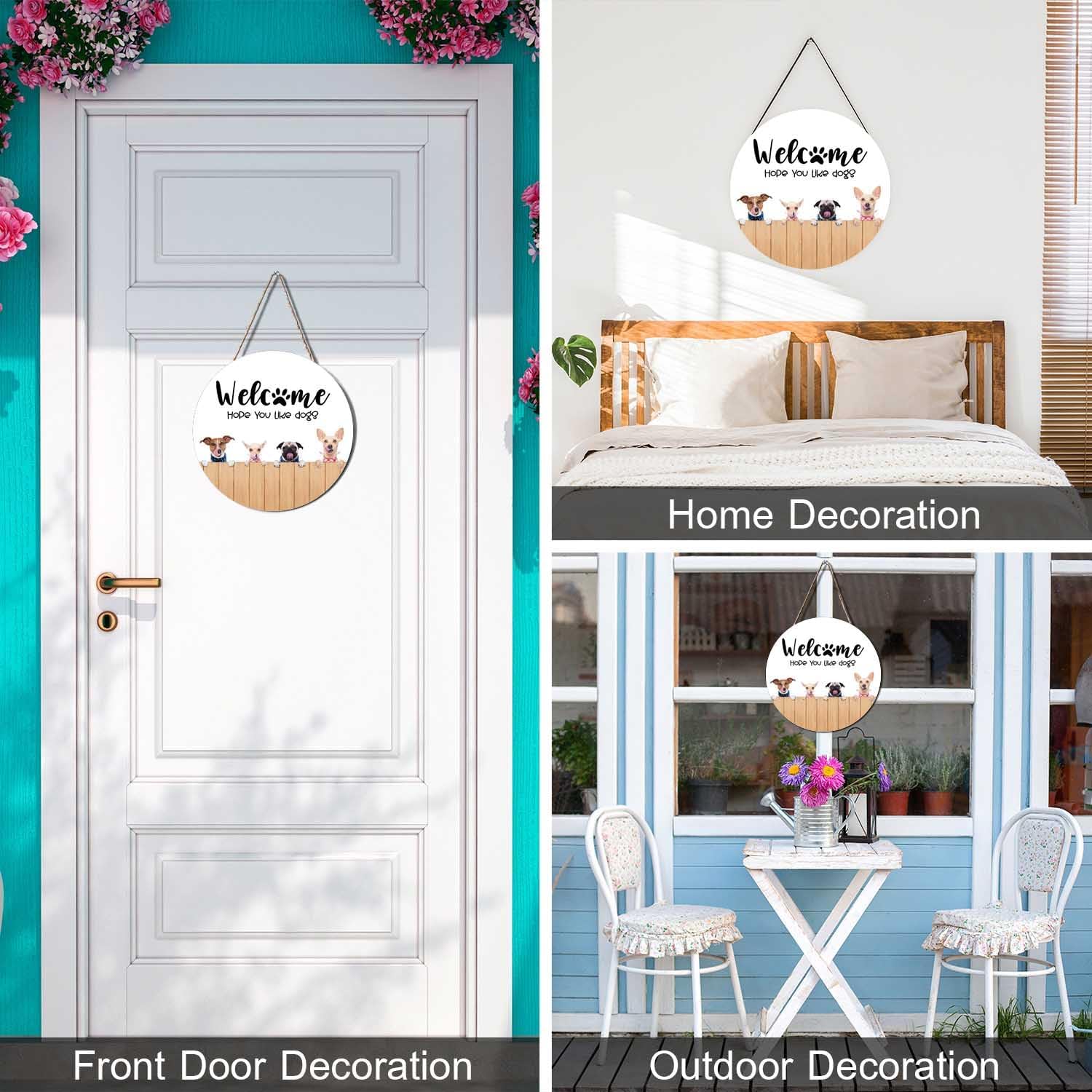 Dog Decor Wreaths For Front Door Welcome Sign, Welcome Hope You Like Dogs Wooden Signs Funny Puppy Dogs Welcome Wreath Hanger Pool Porch Home Kitchen Coffee Wall Decorations - Image 3