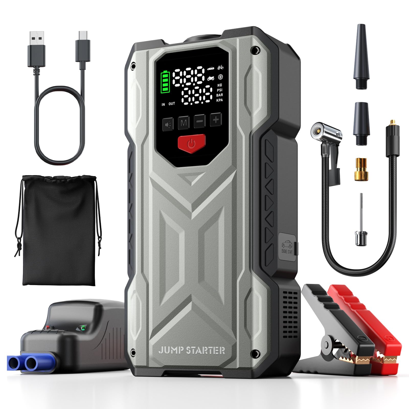 4000A Jump Starter with Air Compressor, Car Battery Charger for 12V Vehicles Up to 9.0 Gas&8.0L Diesel, 150PSI Auto-Shutoff Tire Inflator, Portable Battery Booster with Smart Jumper Cable, LED Lights