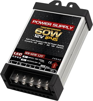 12V 60W LED Transformer Rain proof IP45,LED Driver 190-240V AC to 12V DC 5A 60 Watt Quiet Low Volt Converter LEDs Power Supply Constant Voltage For LEDs Strip, Indoor & Outdoor