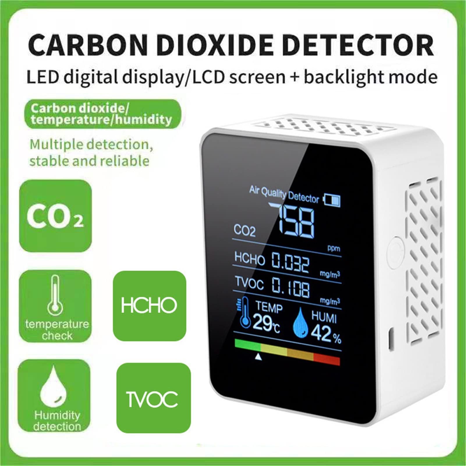 Tester ObciążEnia Akumulatora, 6w1 / 5w1 CO2 Tester Miernik dwutlenku węgla Jakość powietrza Jakość powietrza Detector monitor z akumulatorem co2 Detector,Szerszy Zakres Testowania(Black 5in1)