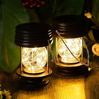 Solar Hanging Lantern Outdoor, 2 Pack Waterproof Pathway Yard Garden Patio Warm White Lamps with Fairy LED Lights for Indoor Tabletop Desk Solar Hanging Lights