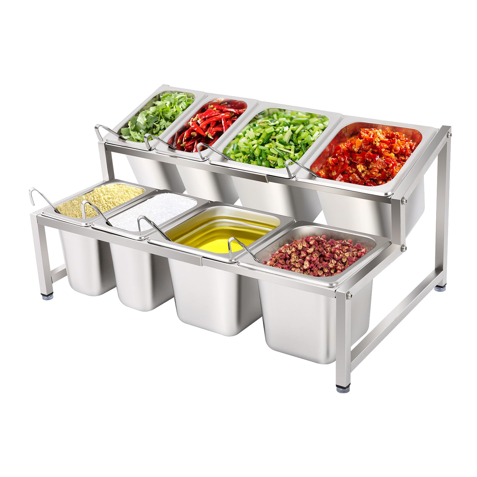WBGANG 2-Tier Spice Rack Shelf,Commercial Stainless Steel Expandable Spice Stand With 8 Pans,Countertop Inclined Holder With Lid,For Seasoning Sauce Jam Fruits Ingredients, For Kitchen Pantry Use