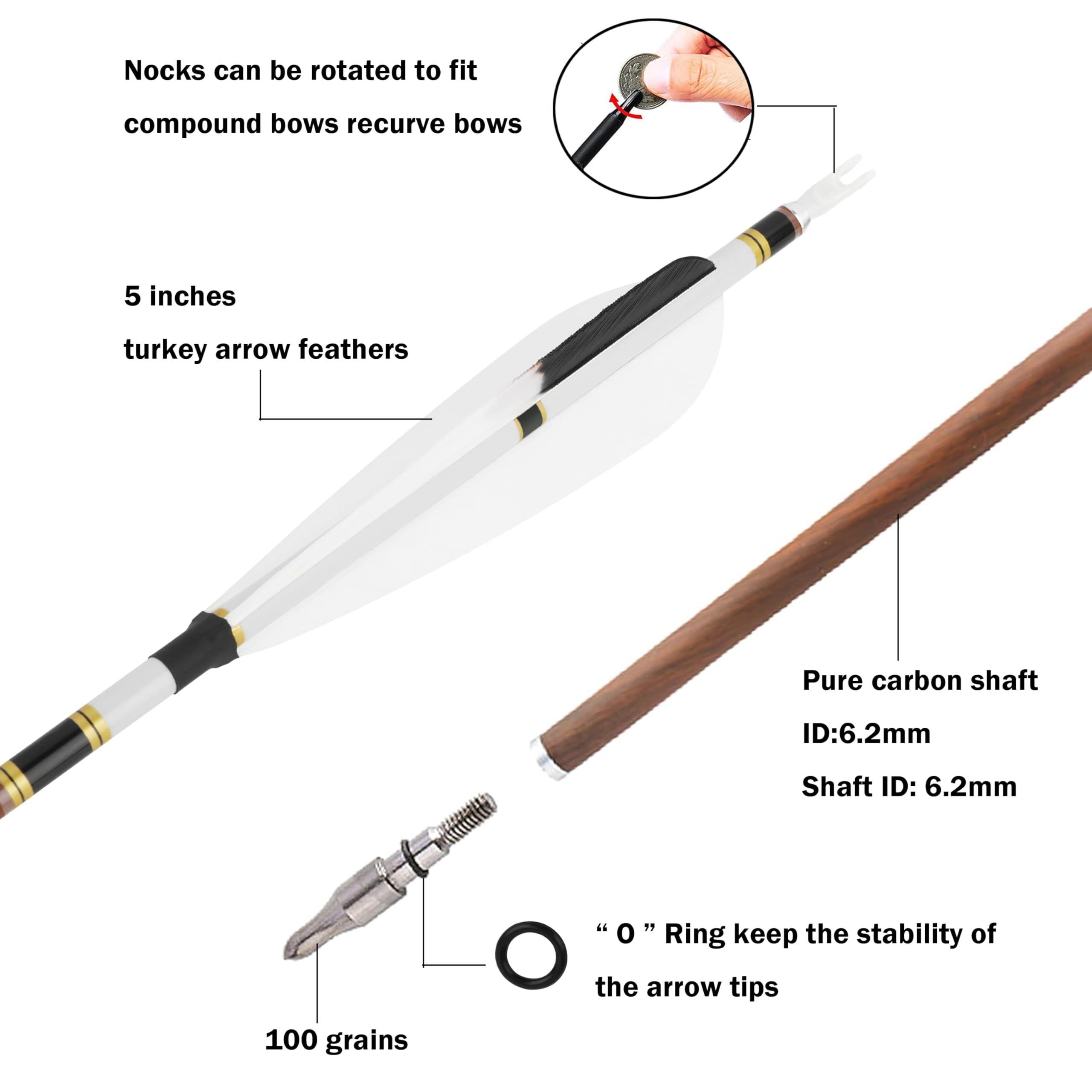 Flèche de Chasse en Carbone de 31 Pouces avec Plume Naturelle de 5 Pouces 340 400 500 600 Flèches de tir pour arcs à poulies, arcs Classiques et arcs Traditionnels