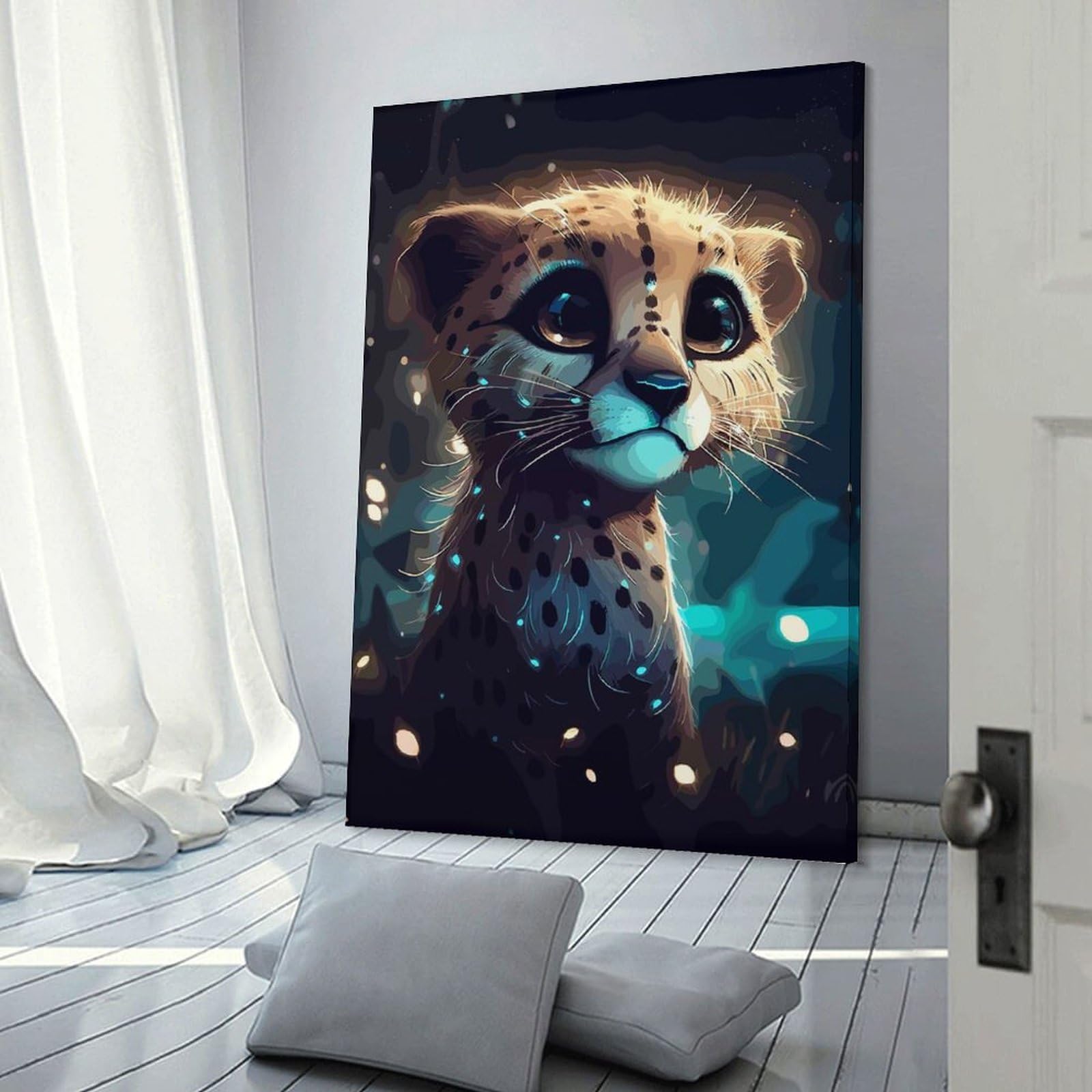 Junmoney Cheetah Cub in The Night Wall Art Print, 12x18inch(30x45cm), for Bedroom Decor, Cosy Corners Or Studios, Canvas Wall Decor for Personal Spaces
