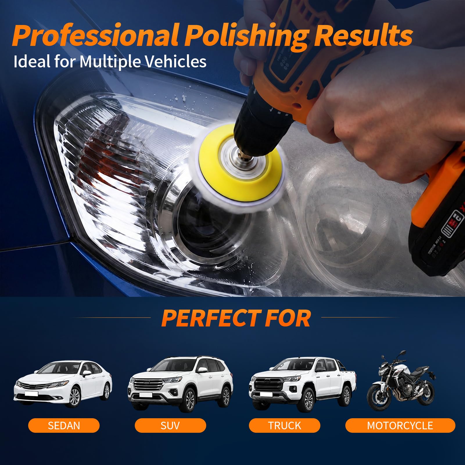 VIBRATITE Kit de restauración de faros de coche, discos de lijado de pulido de coche de 3 pulgadas con almohadilla de respaldo de vástago de 1/4 pulgadas, almohadillas de estropajo, almohadillas de