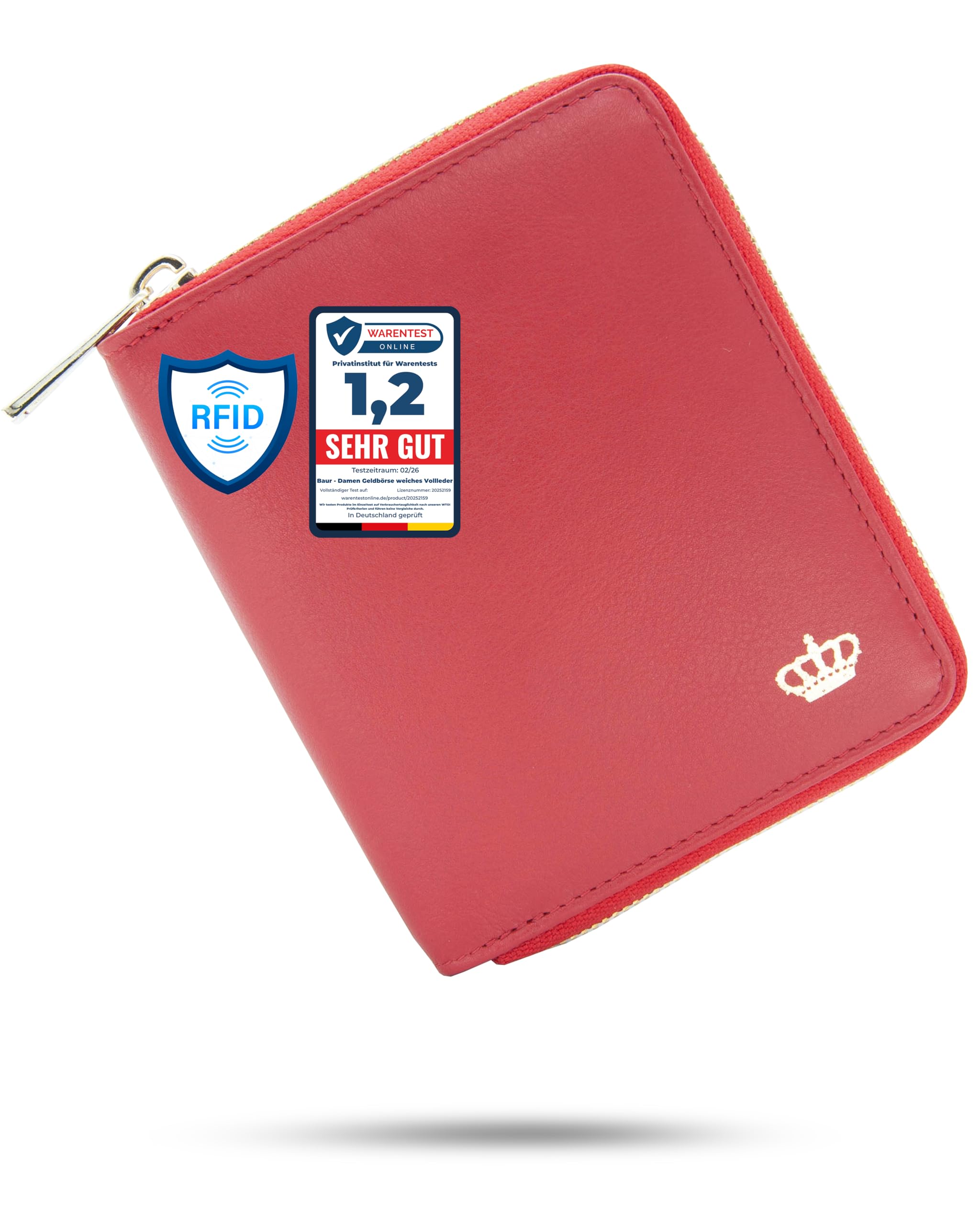 Baur portafoglio da donna – vera pelle nappa con protezione RFID – portamonete con molti scomparti carte e scomparto monete con bottone – cerniera metallica perimetrale (Cerniera oro, Rosso)