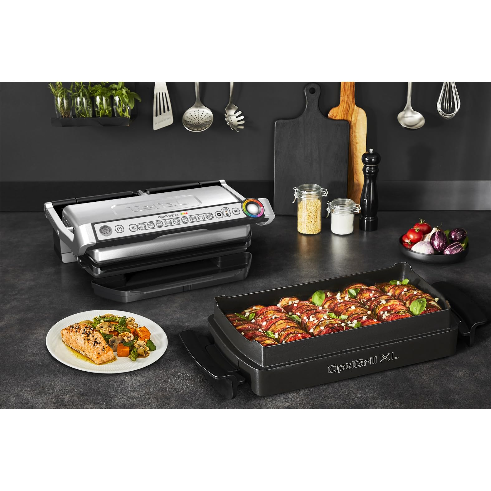 Tefal OptiGrill+ XL | Kontaktgrill mit automatischer Temperatur-Anpassung | 9 automatische Programme | XL-Grillfläche | inklusive Backschale | GC724D12