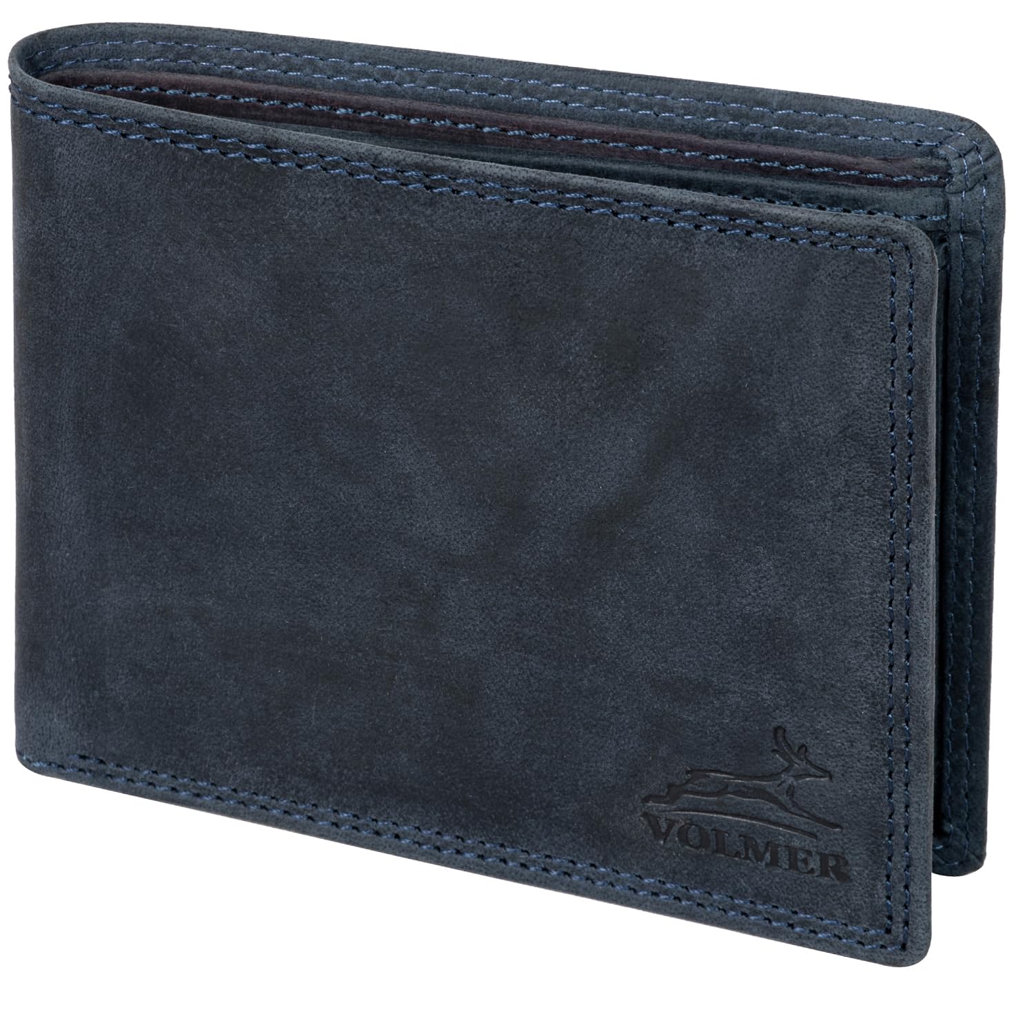 Fa.Volmer ® Leder Geldbörse Herren mit RFID-Schutz - extra-stabile Doppelnaht - 6 Fächer für Kreditkarten - Querformat (Hunter Navy)