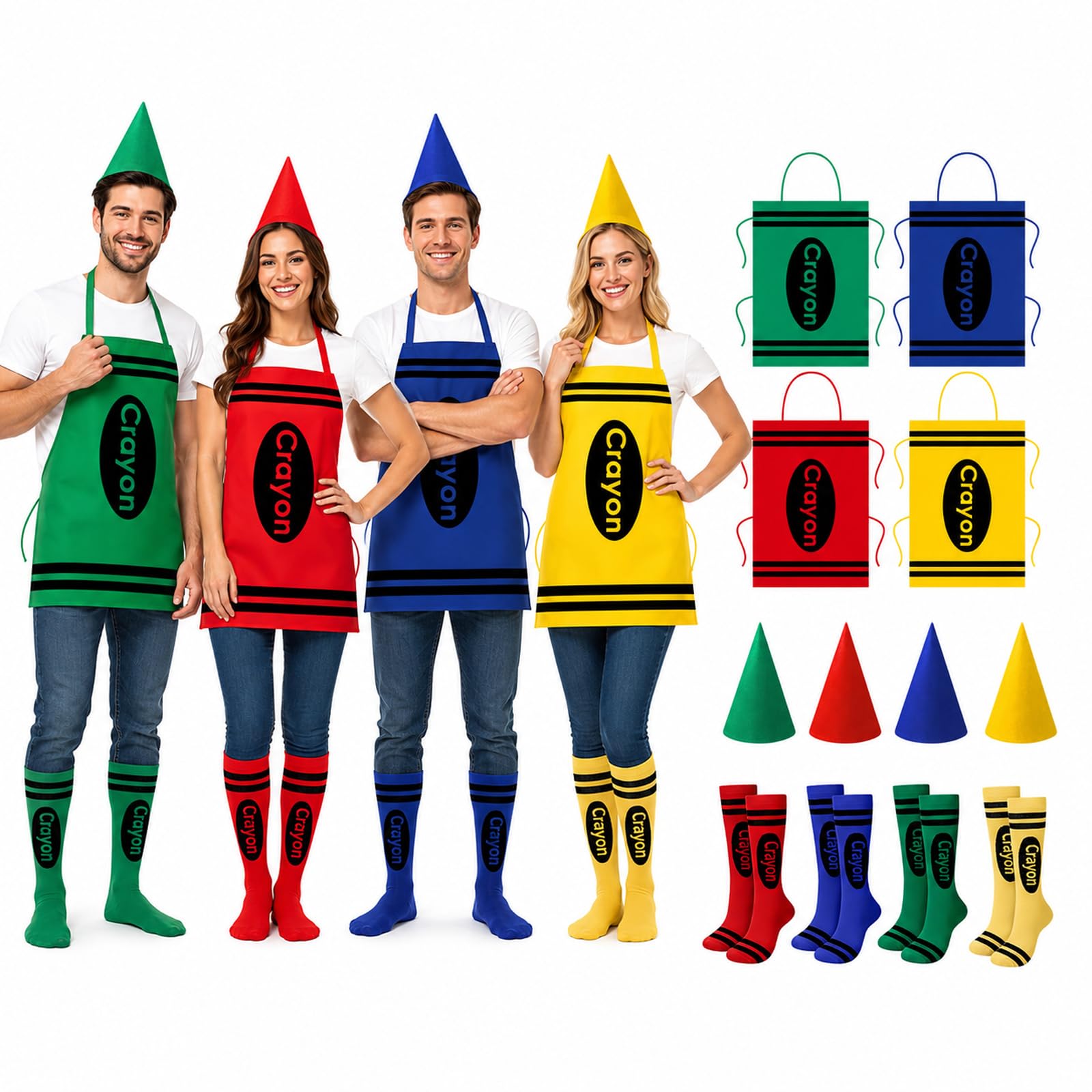 PANMAY 4Pcs Crayon Costume Set Funny Crayon Aprons Outfit 4 Colors Apron Gnome Hat Sockes Kit for Adults Family Halloween Group Cosplay Dress Up