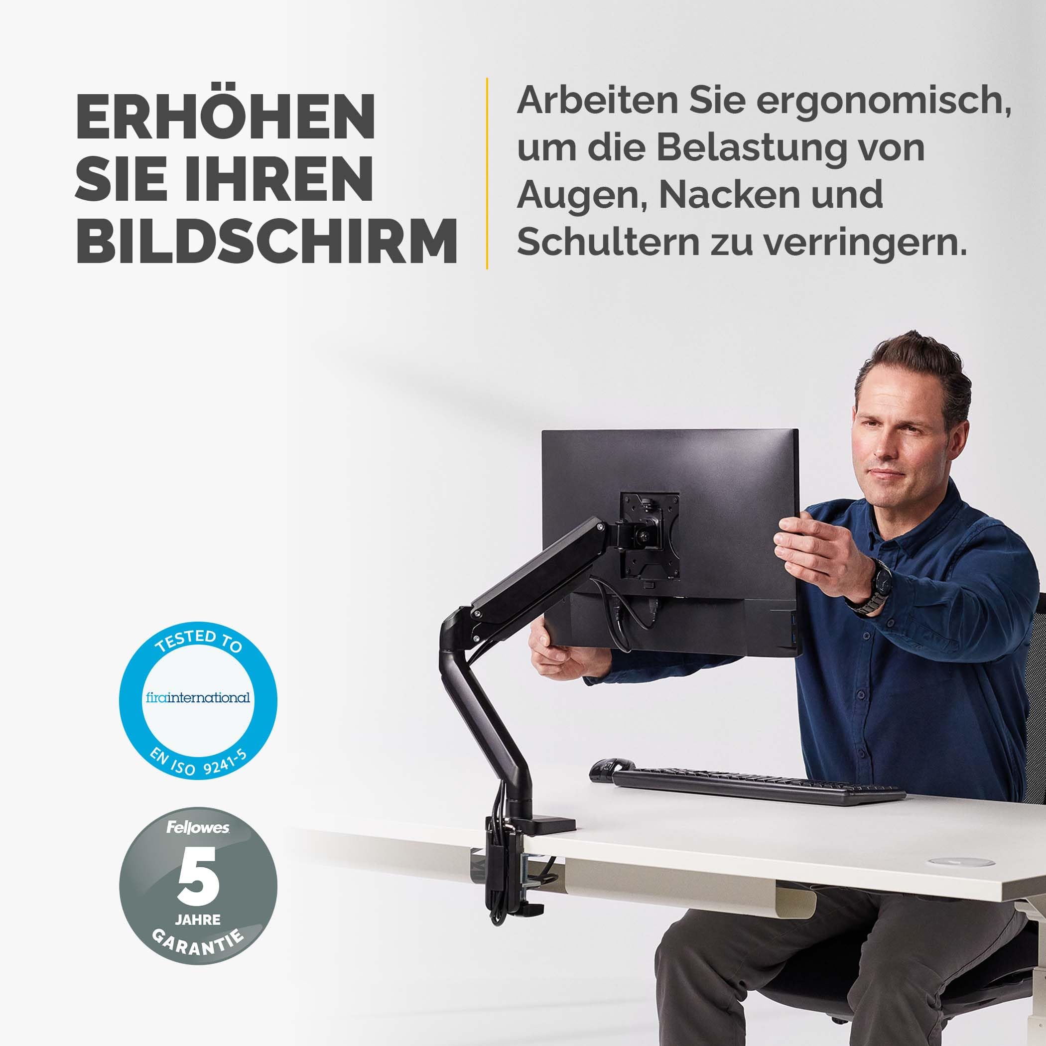 Fellowes Monitor Halterung für 1 Bildschirm bis 32 Zoll (81,28 cm) - Platinum Series Monitor Arm mit Gasfeder, USB Ports - Befestigung mit Klemme oder Kabeldurchlass - schwarz