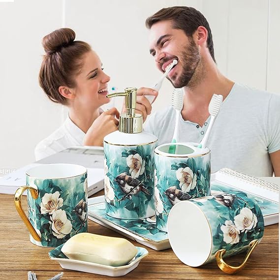 Bird Bathroom Accessory Set Gold Stripe, Soap Dispenser, Toothbrush Holder, Tumbler and Soap Dish,Green,5pcs
