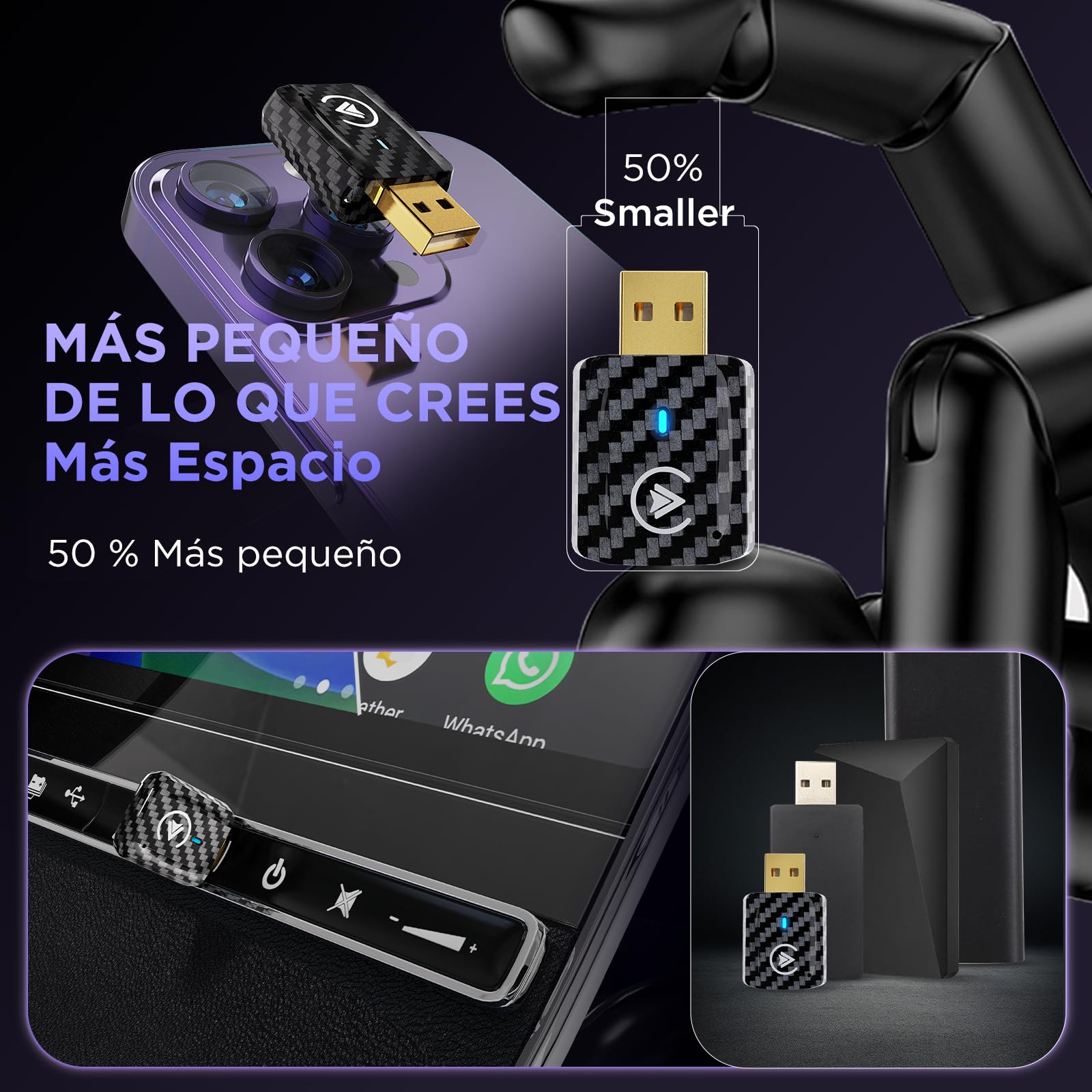 MSXTTLY Adaptador CarPlay Inalámbrico Android Auto - U2AC-01 Convierte CarPlay y Android Auto con Cable en inalámbrico, Compatible con iPhone 12–17 Pro MAX & Android 11+, USB-C/A, Negro