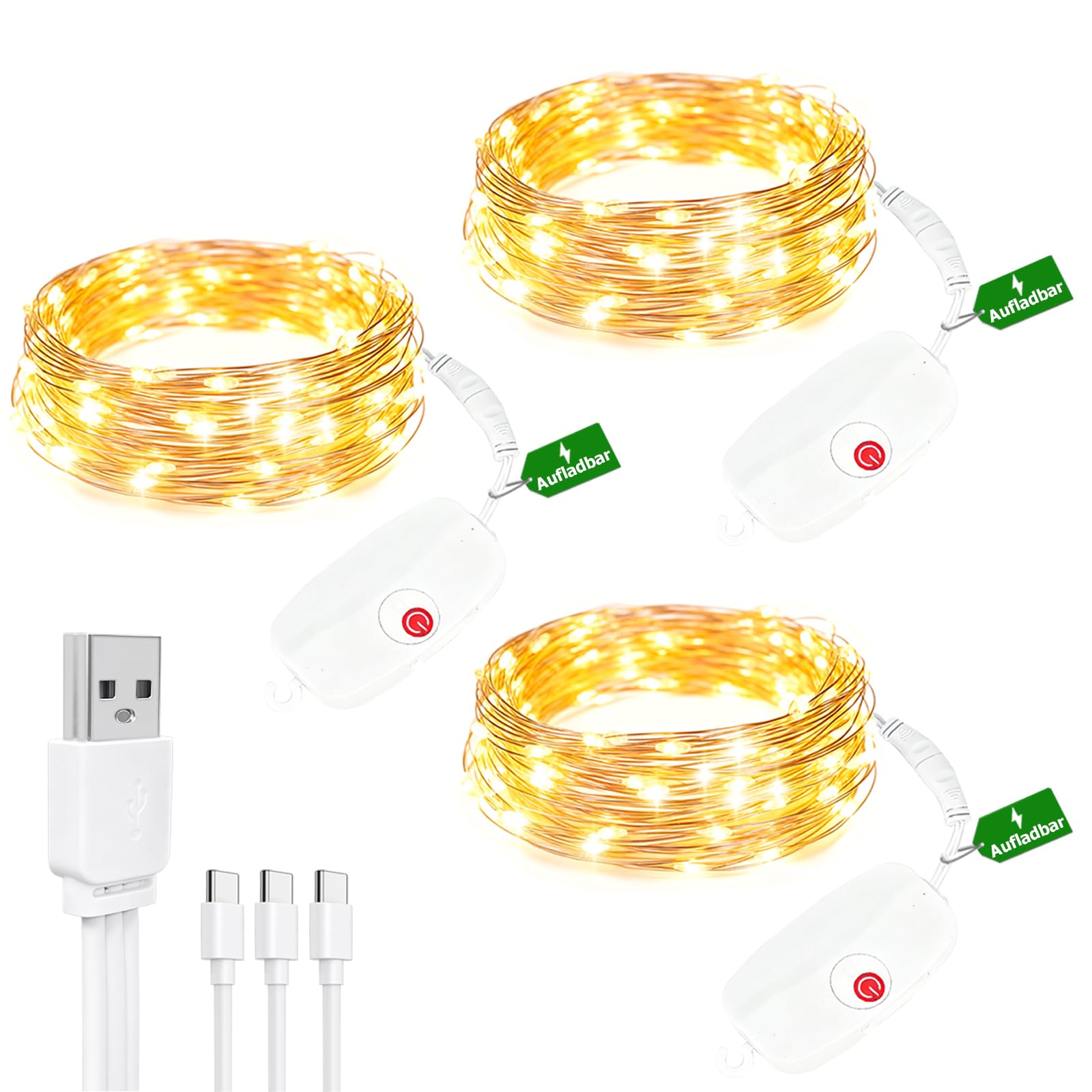Bzavor 3 Stück Aufladbar Lichterkette Innen Batterie mit Timer 8 Modi,2M 20 LED Kupferdraht Mini Lichterkette klein mit Batterie Wasserdicht für Außen Weihnachten Party Hochzeit Beleuchtung Deko