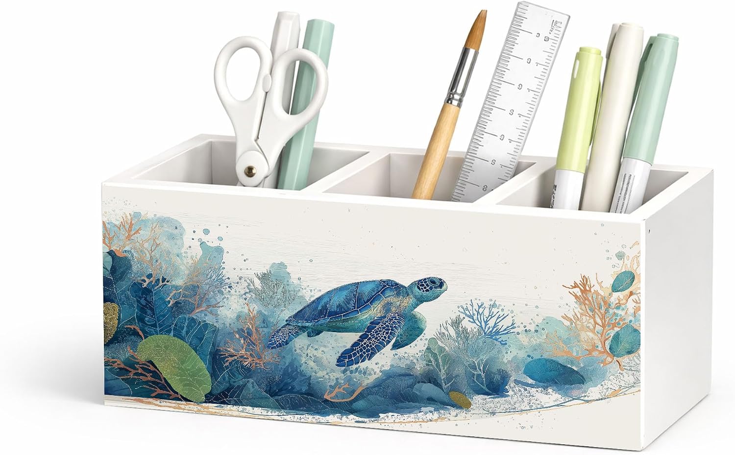 Sea Turtle Wooden Desk Organizer Pen Holder