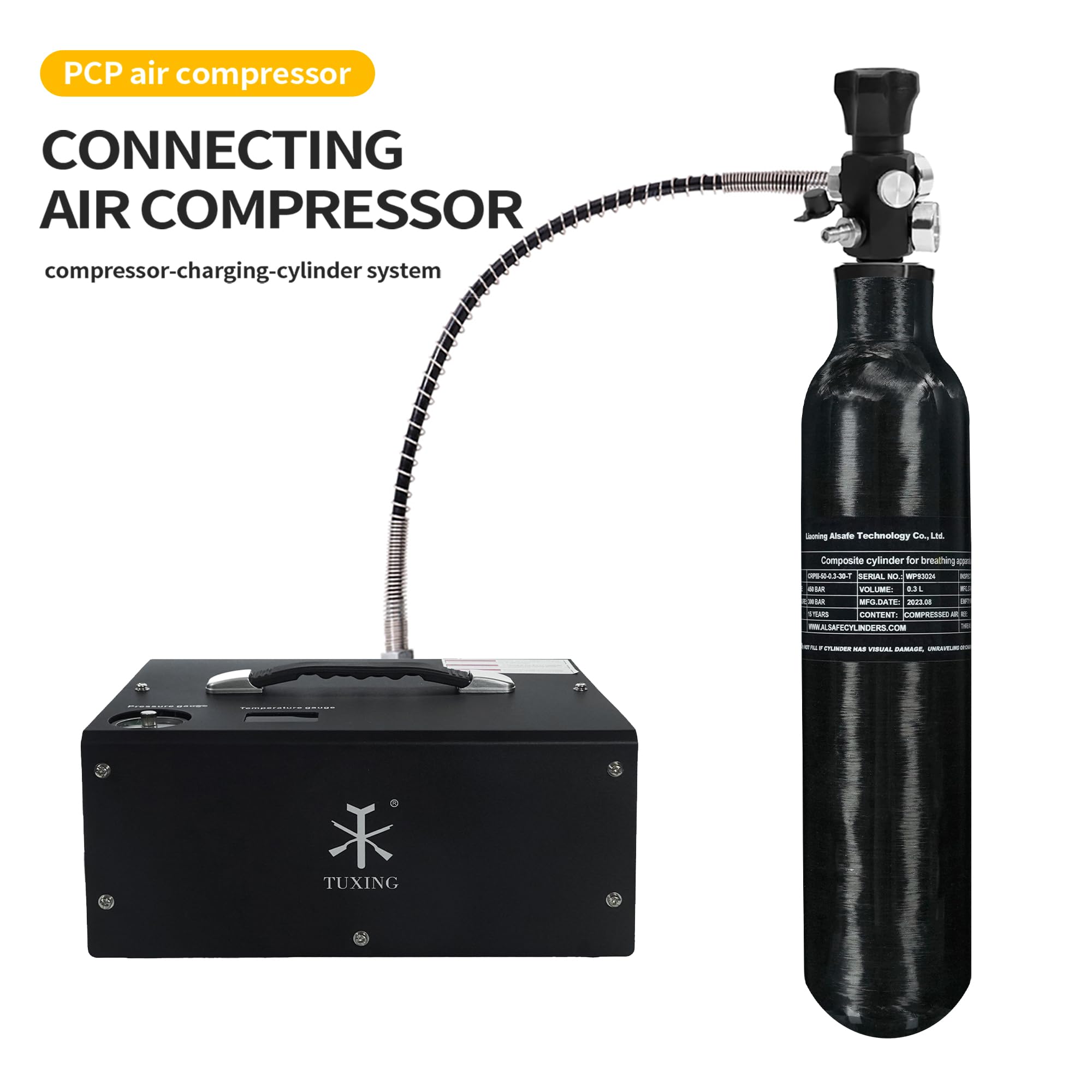 TUDIVING Kohlefaser-Hochdruckflasche 4,7L 4500psi - Für Tauchen, Paintball & PCP