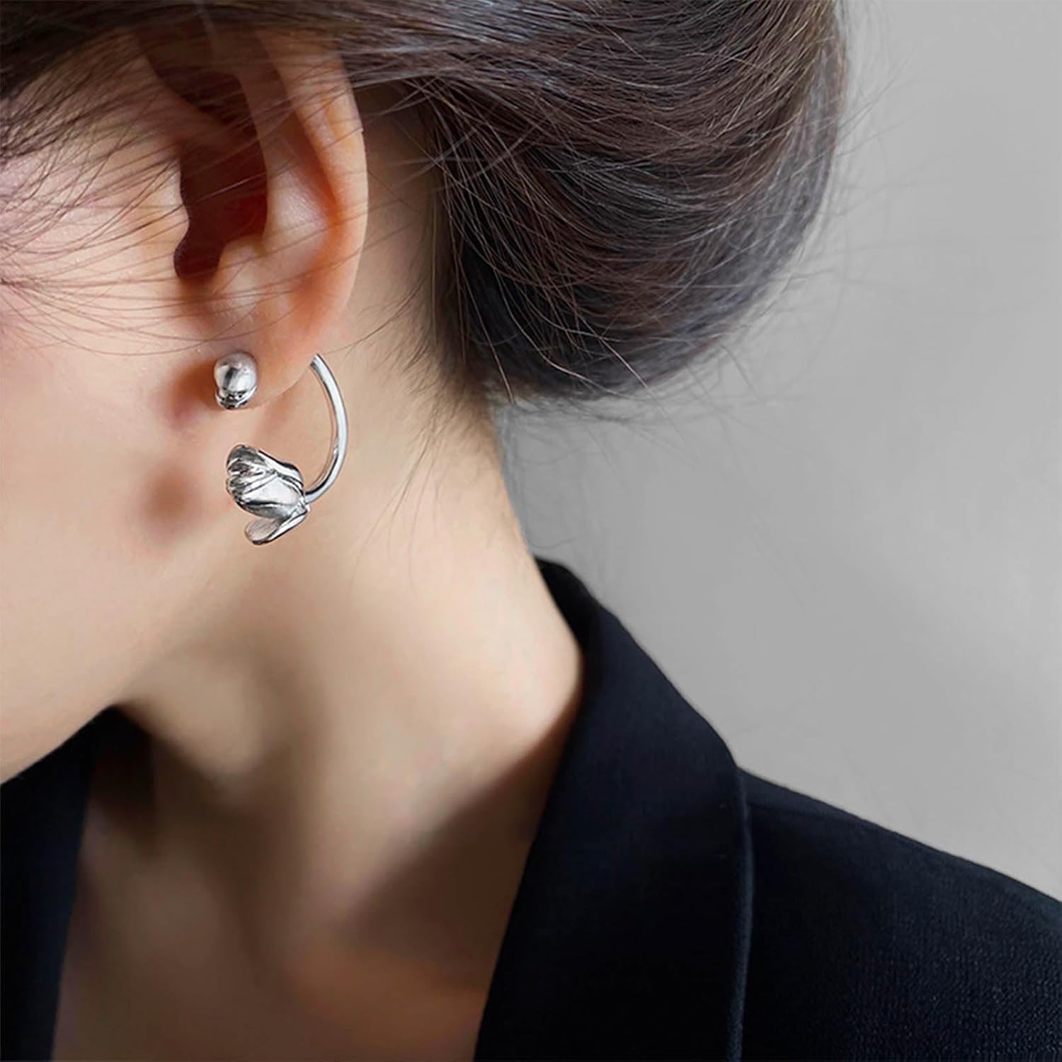Minimalist Silver Flower Half Hoop Earrings Metal Rose Flower Open Hoop Earrings Tulip Dangle Hoop Earrings Tulip Flower C Shape Earrings Rose Floral Earrings Jewelry for Women - Image 5
