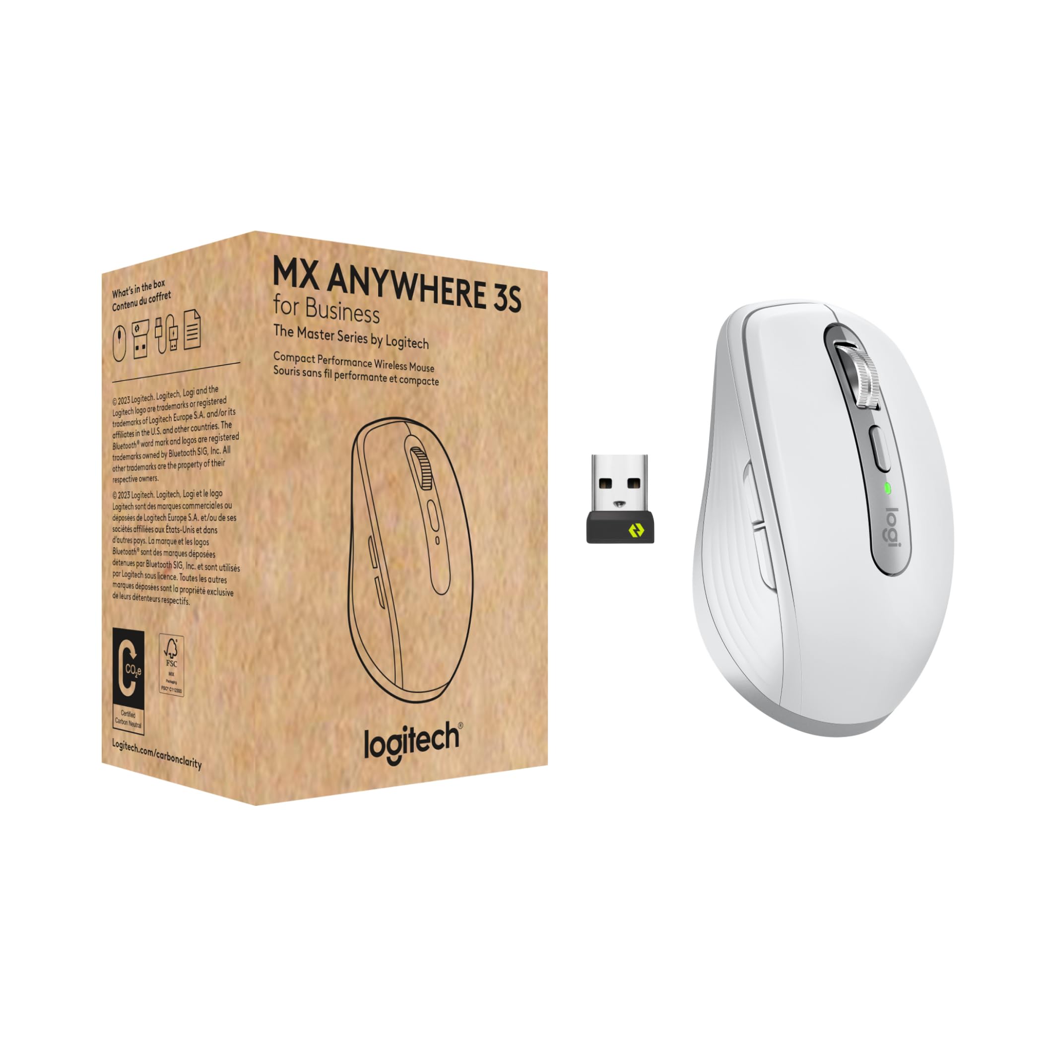 Logitech MX Anywhere 3S Kompaktowa Bezprzewodowa Myszka Mysz, Szybkie Przewijanie, 8K DPI, działa wszędzie, Quiet Clicks, Przyciski, USB C, Bluetooth, Windows PC, Linux, Chrome, Mac - Jasnoszary