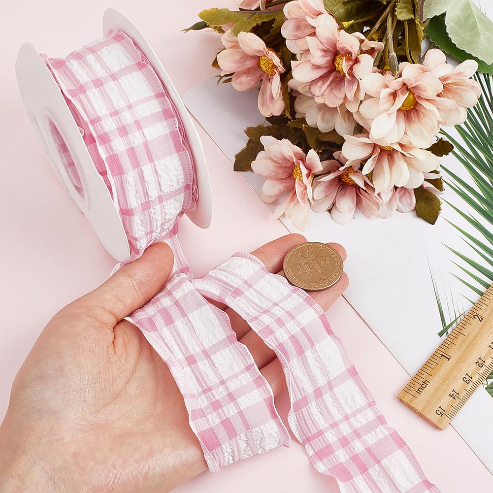CABODYALS 9.14M 40mm Pink Gingham Ribbon Checkered Double Chiffon Ruffled Plaid Trim Wrinkled Edge Polyester Ribbons with Spool for Gift Wrapping Bow Wedding Invitations Bouquets Diy Christmas Decor - Image 3