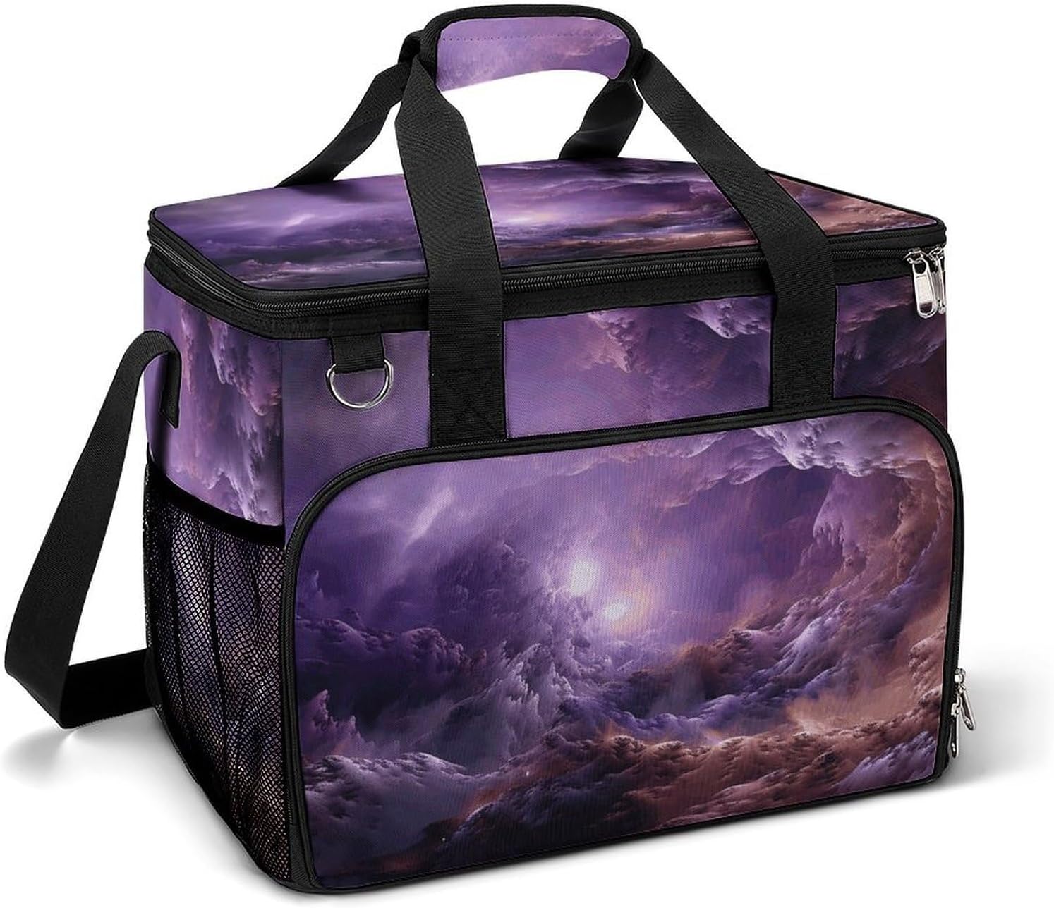 Large Capacity Oxford Cloth Purple Galaxy Printed Camping Ice Bag, Outdoor Portable Insulation and Cooling Bag, Suitable for Outdoor Camping and Picnics