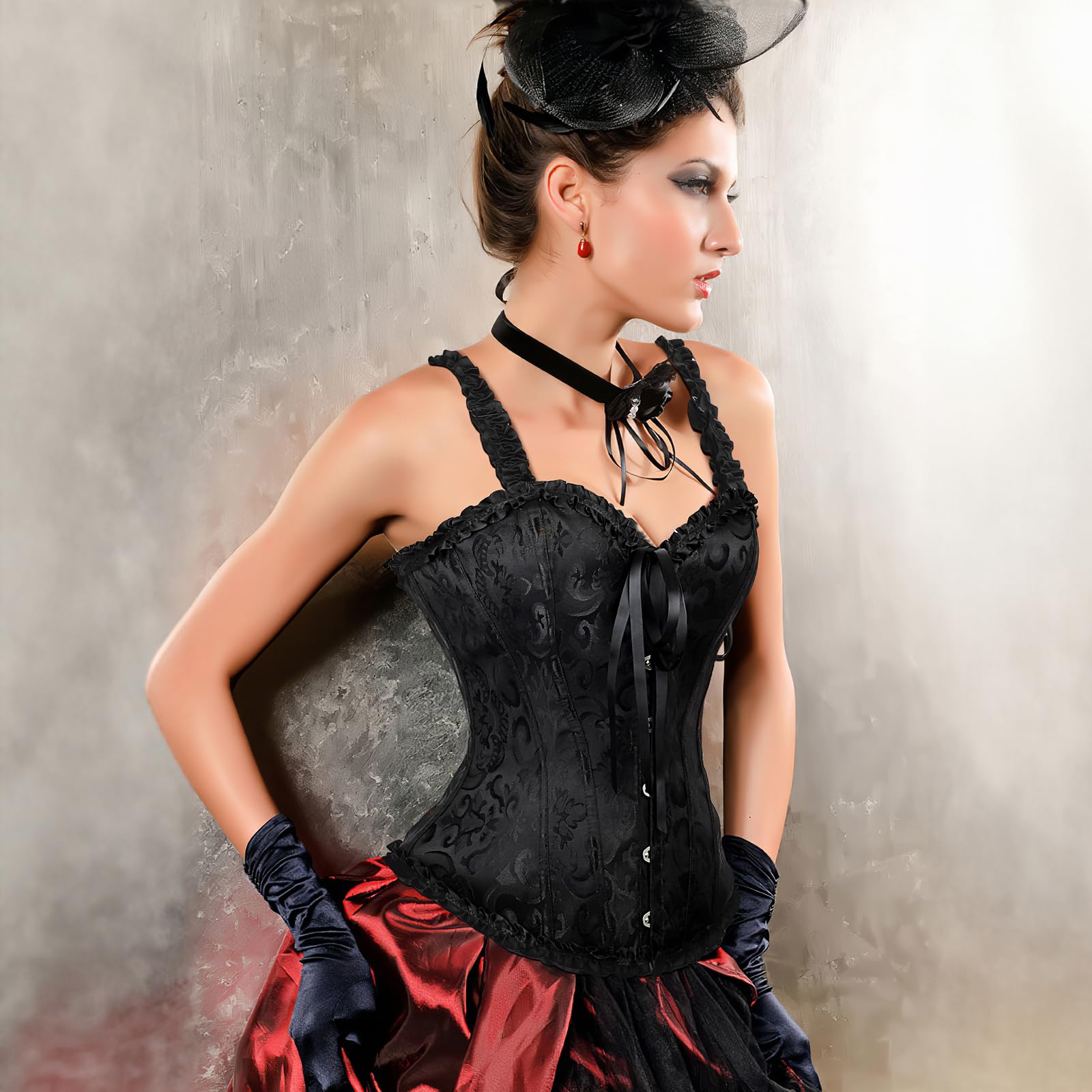 Women's Lace Retro Corset Bustier Tie Up Vintage Floral Lingerie Plus Size Overbust Top Ladies Waist Cincher Shapewear Sexy Princess Sweetheart