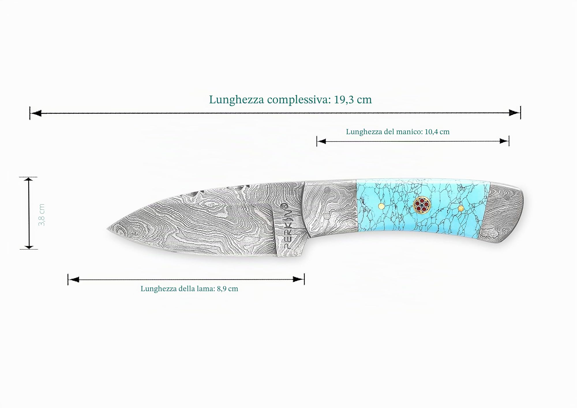 Perkin Coltello damascato, coltello da caccia, fatto a mano, damascato, 19,3 cm, manico turchese